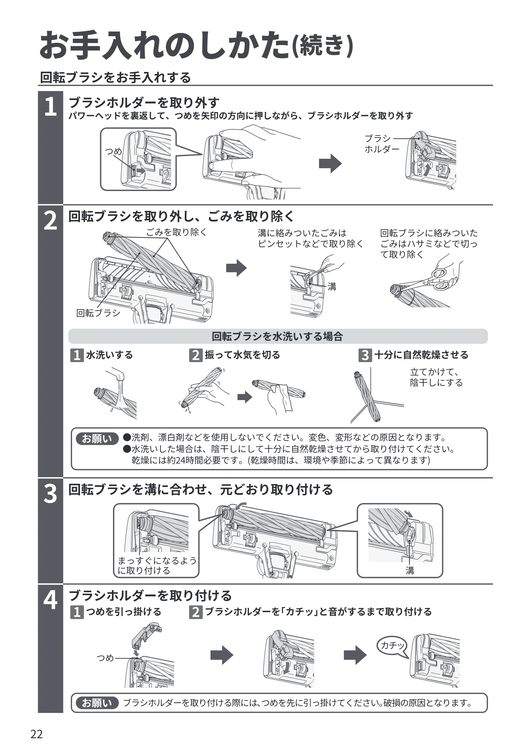 日立 CV-SP300R 取扱説明書 — 回転ブラシをお手入れする お手入れのしかた(続き) — 図版 22-1 — 22ページ