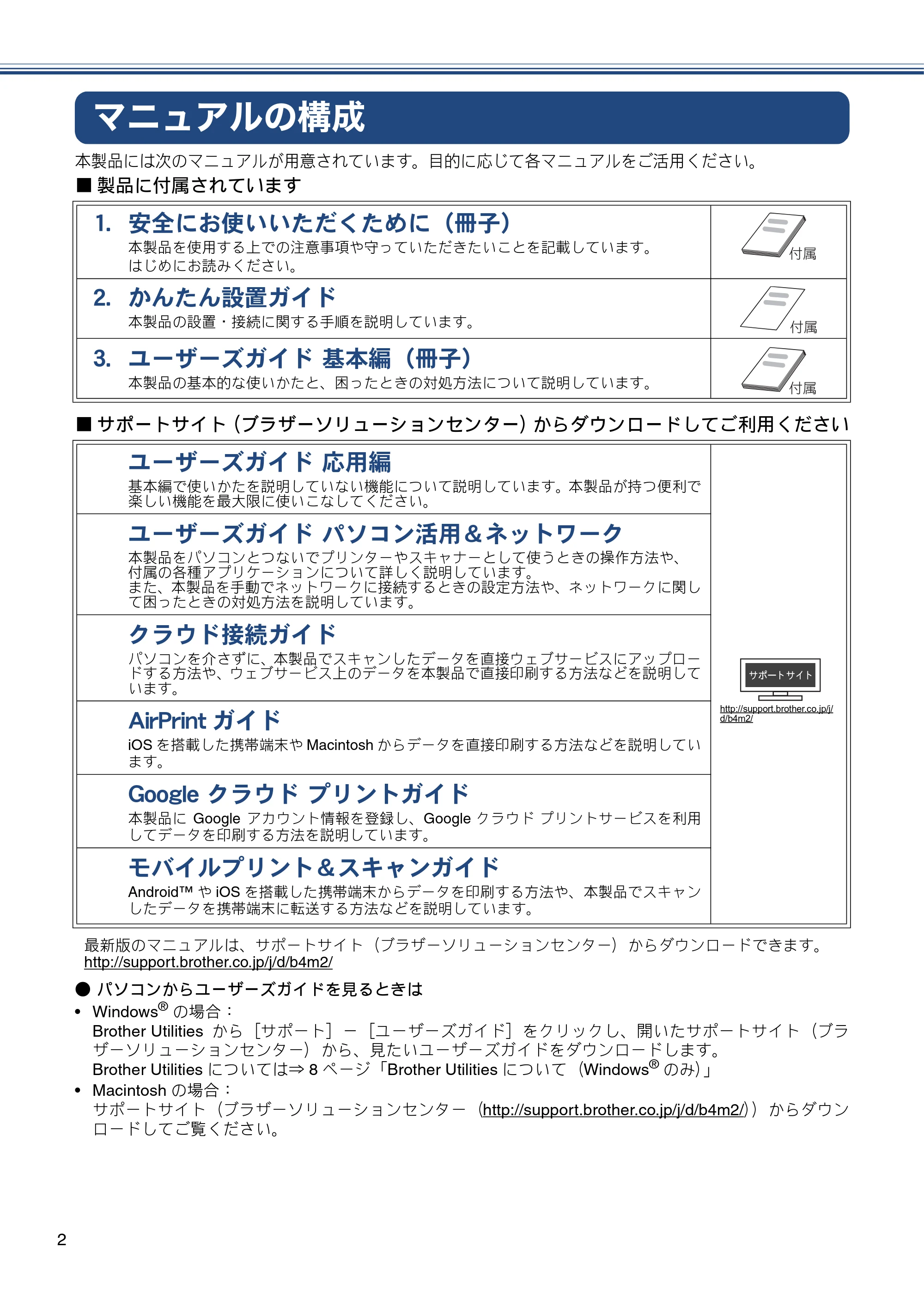 ブラザー MFC-J837DN / MFC-J837DWN / MFC-J907DN / MFC-J907DWN ユーザーズガイド ～基本編～ — マニュアルの構成 — 原本ページ — 2ページ