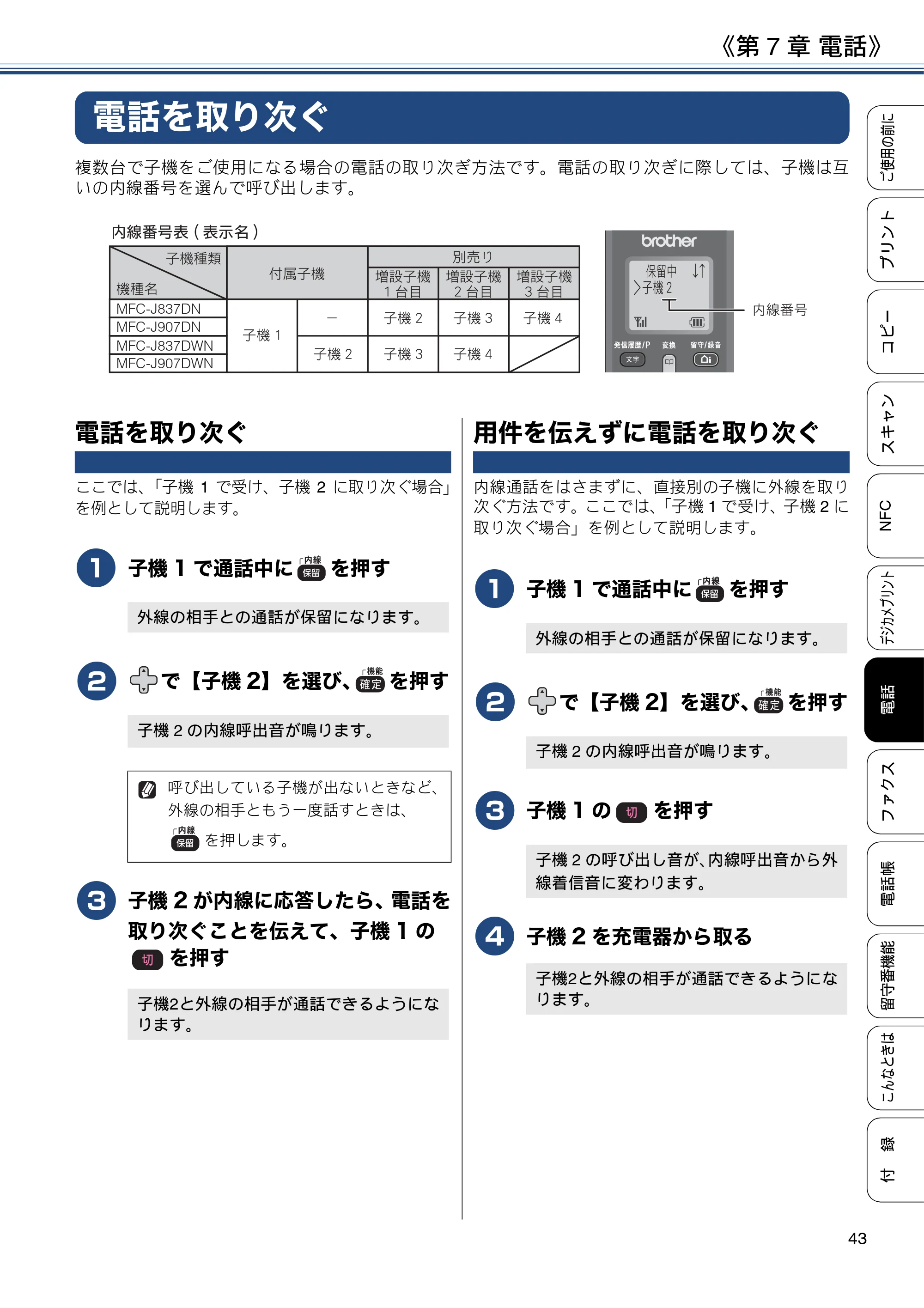 ブラザー MFC-J837DN / MFC-J837DWN / MFC-J907DN / MFC-J907DWN ユーザーズガイド ～基本編～ — 電話を取り次ぐ — 原本ページ — 43ページ