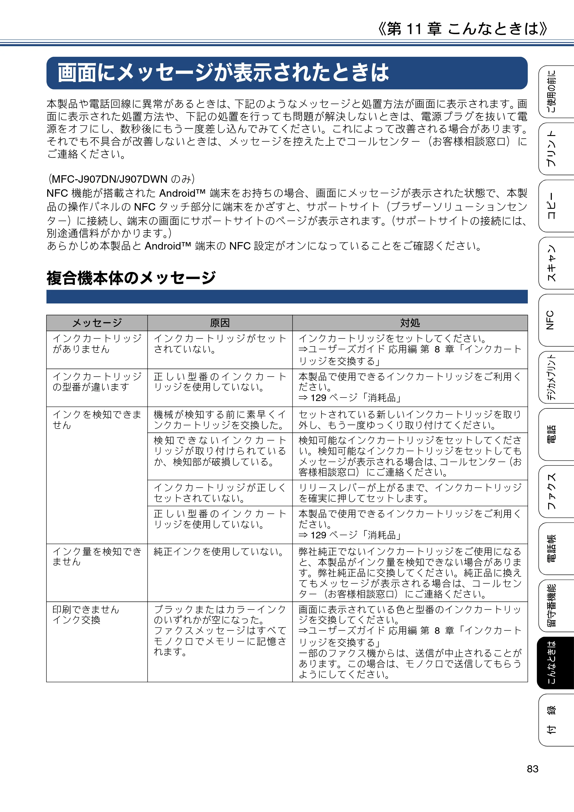 ブラザー MFC-J837DN / MFC-J837DWN / MFC-J907DN / MFC-J907DWN ユーザーズガイド ～基本編～ — 画面にメッセージが表示されたときは — 原本ページ — 83ページ