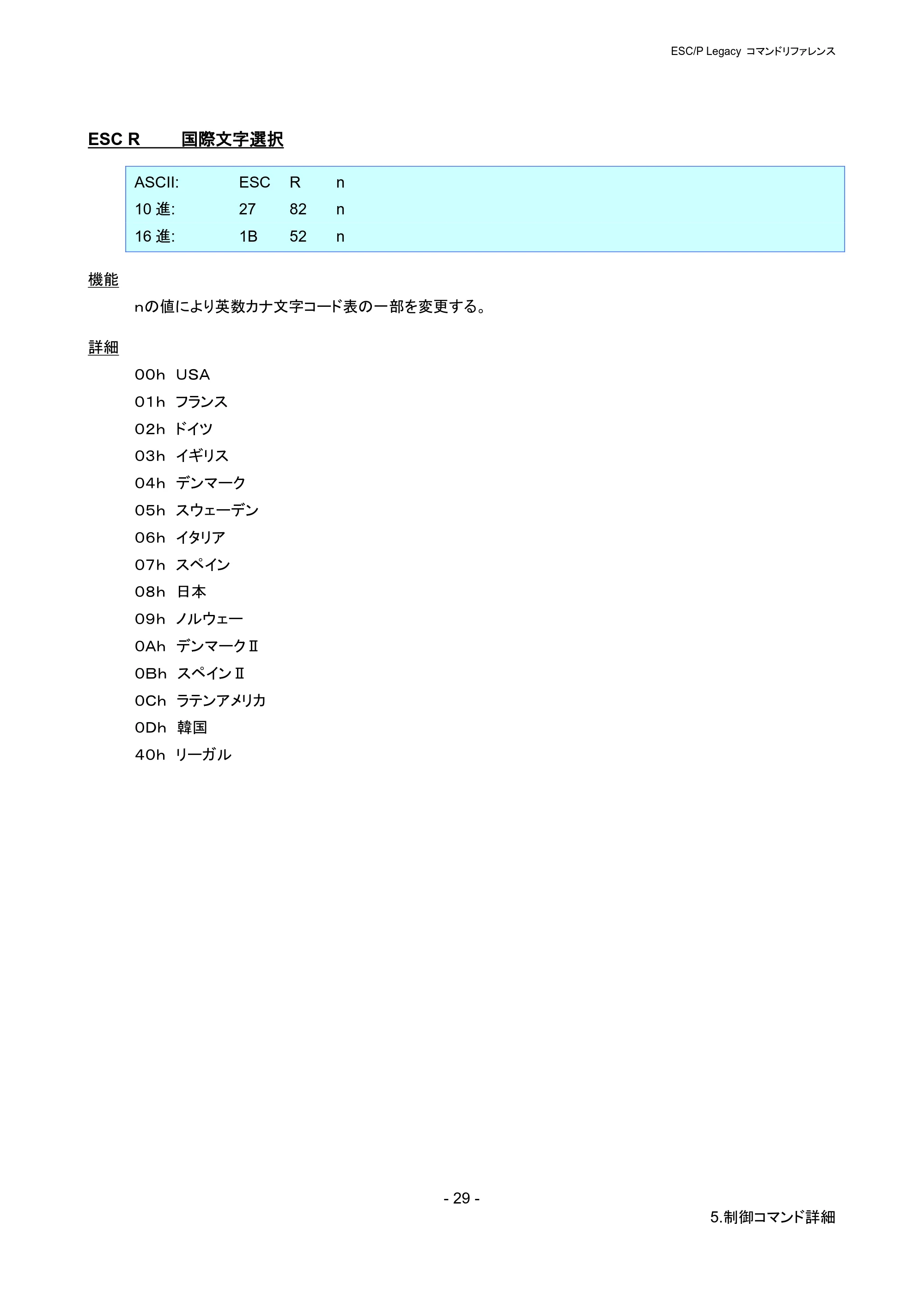 ブラザー PJ-723 / PJ-763 / PJ-763MFi ESC/ P Legacy コマンドリファレンス — ESC R 国際文字選択 — 原本ページ — 35ページ