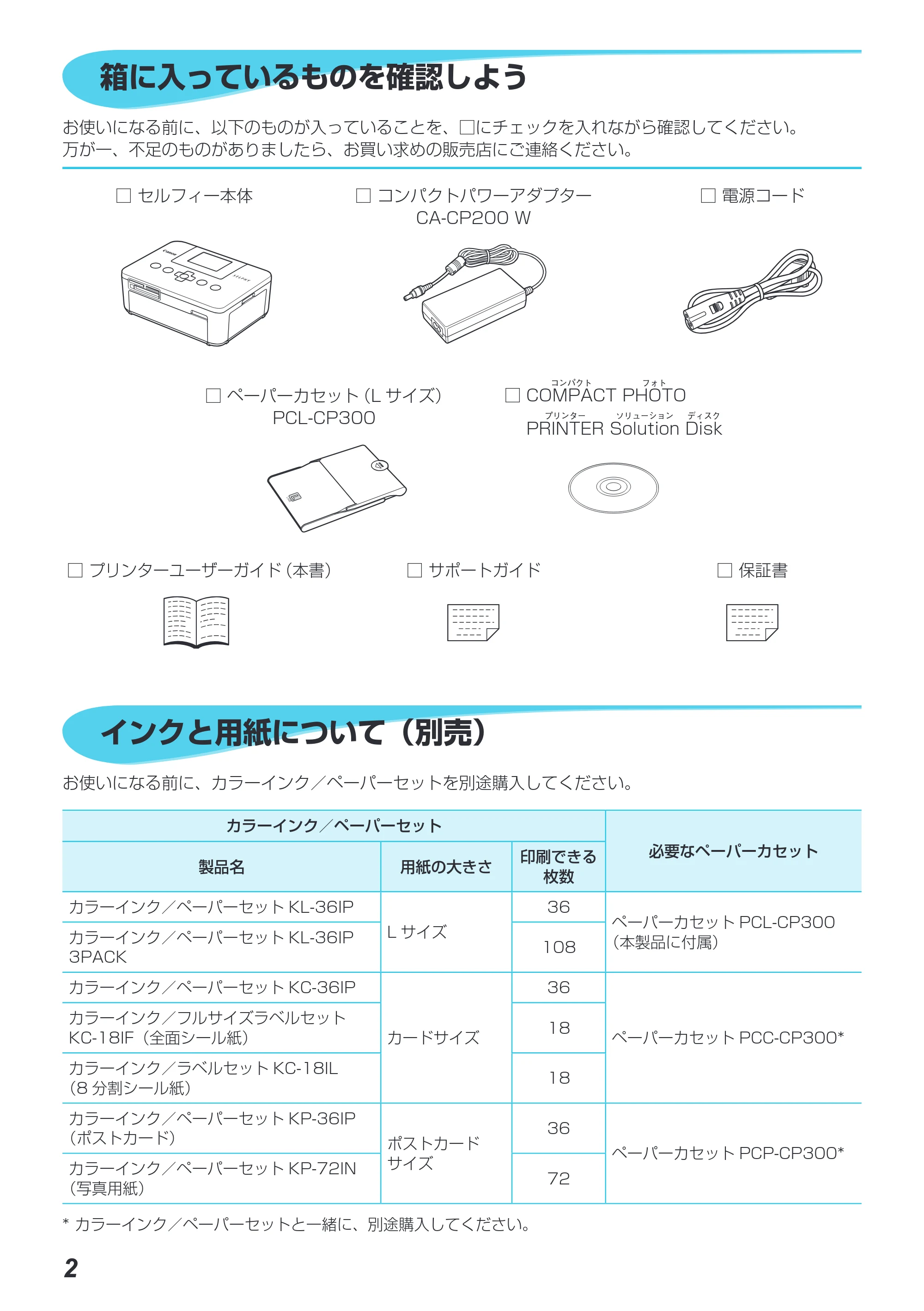 キヤノン SELPHY CP800 プリンターユーザーガイド （PDF：11.7MB） — 箱に入っているものを確認しよう — 原本ページ — 39ページ