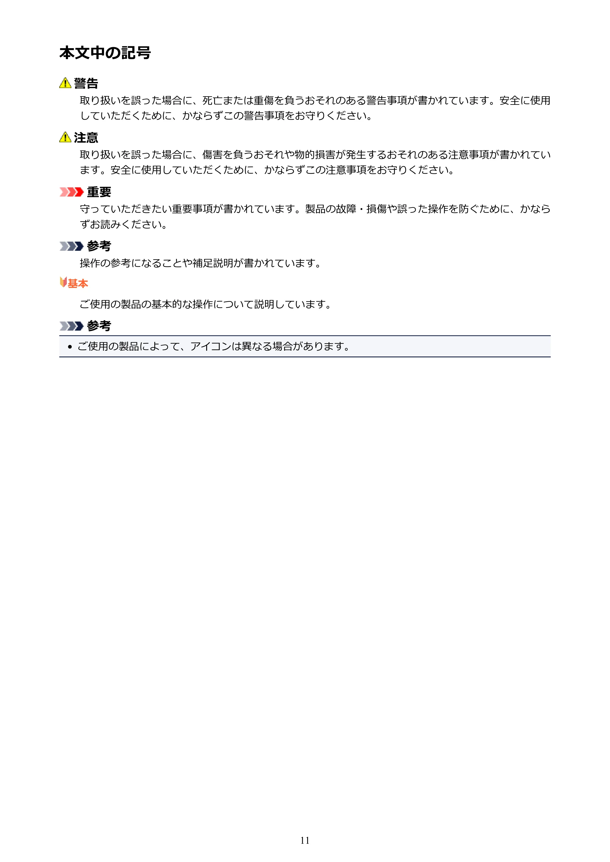 キヤノン PIXUS XK50 電子マニュアル PDF版 (Windows版)(PDF:16.3MB) — 本文中の記号 — 原本ページ — 11ページ
