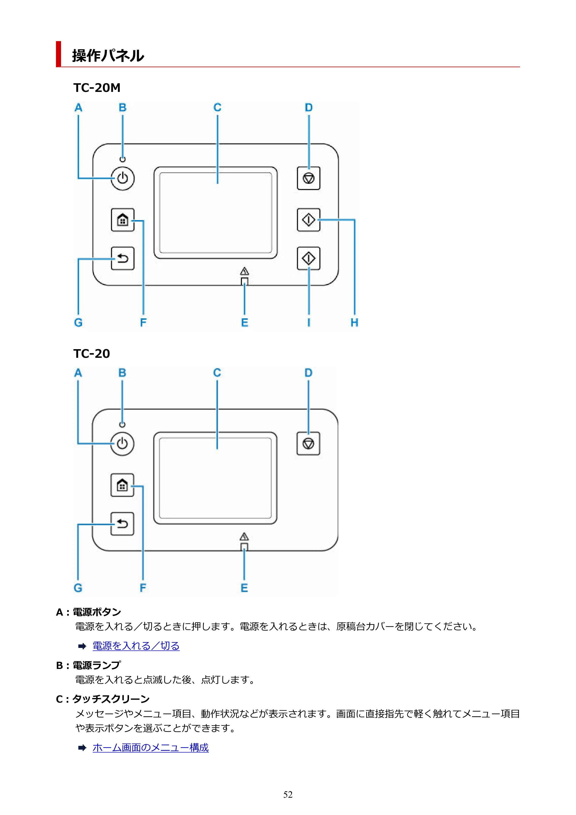 キヤノン TC-20・TC-20M TC-20／TC-20M オンラインマニュアル 取扱説明書PDF版（Mac）2026年1月15日更新（PDF：8.71MB） — 操作パネル — 原本ページ — 52ページ