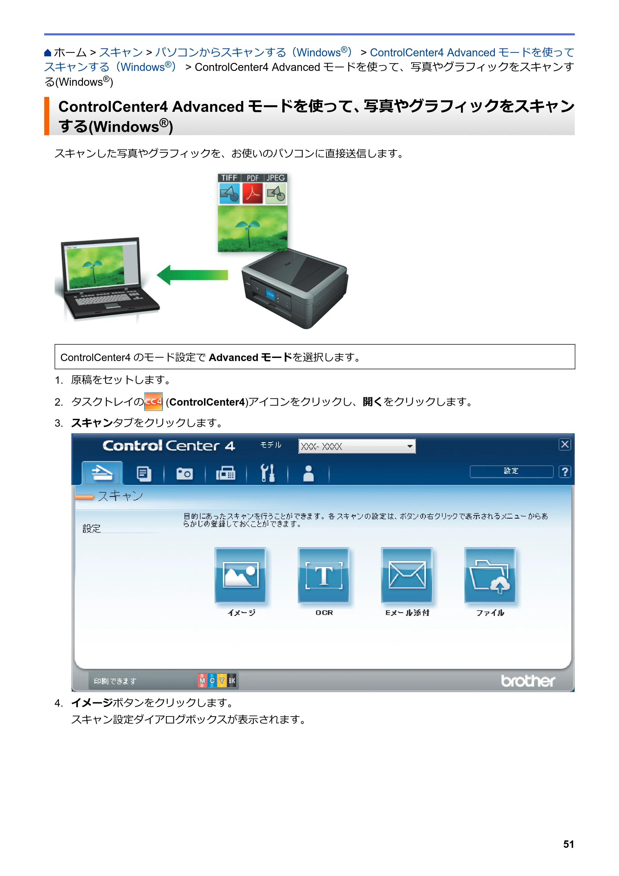 ブラザー DCP-J567N / DCP-J767N / DCP-J968N-B/W ユーザーズガイド（印刷用） ～パソコン活用＆ネットワーク～ — ControlCenter4 Advancedモードを使って、写真やグラフィックをスキャンする(Windows®) — 原本ページ — 55ページ
