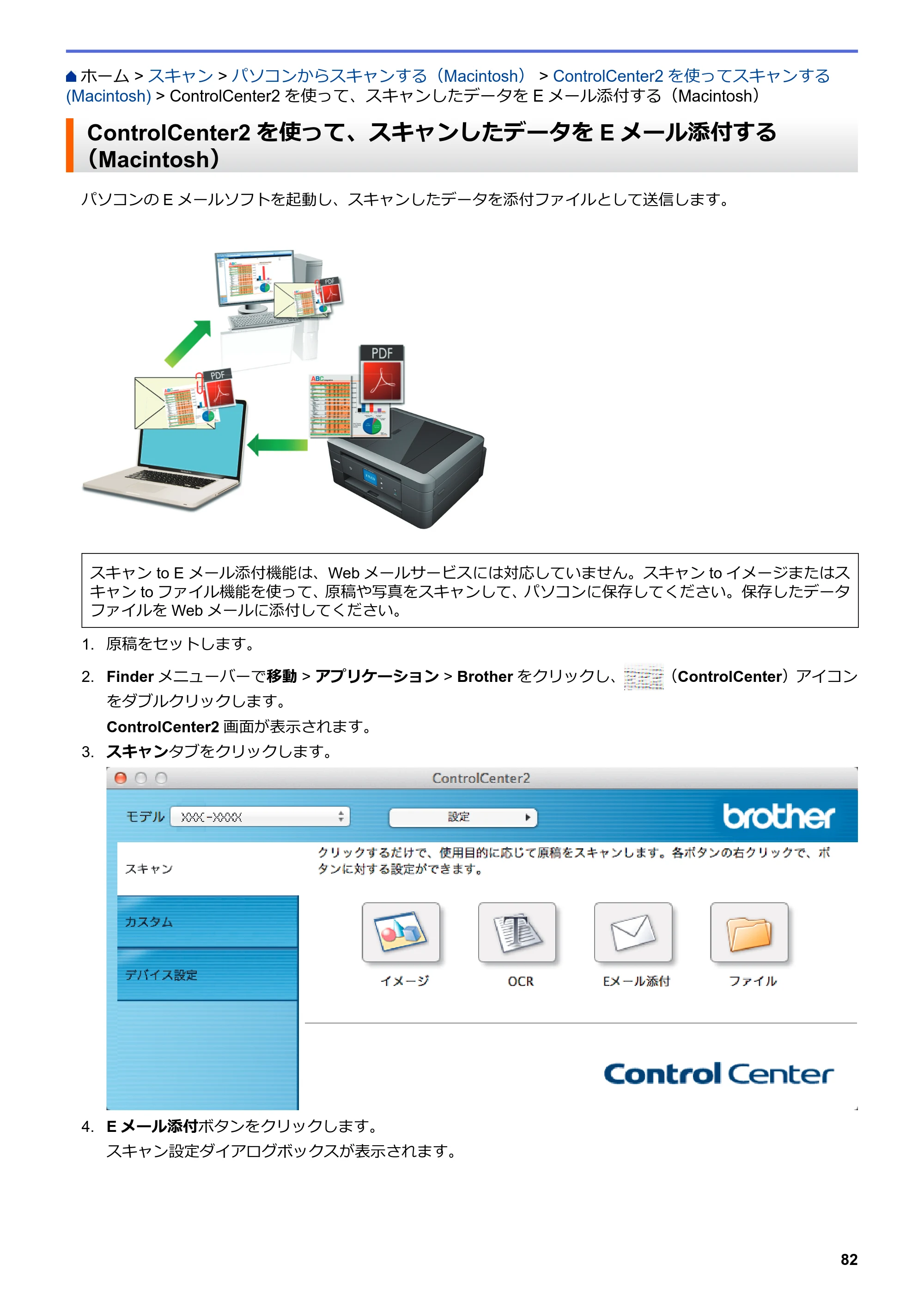 ブラザー DCP-J567N / DCP-J767N / DCP-J968N-B/W ユーザーズガイド（印刷用） ～パソコン活用＆ネットワーク～ — ControlCenter2を使って、スキャンしたデータをEメール添付する（Macintosh） — 原本ページ — 86ページ