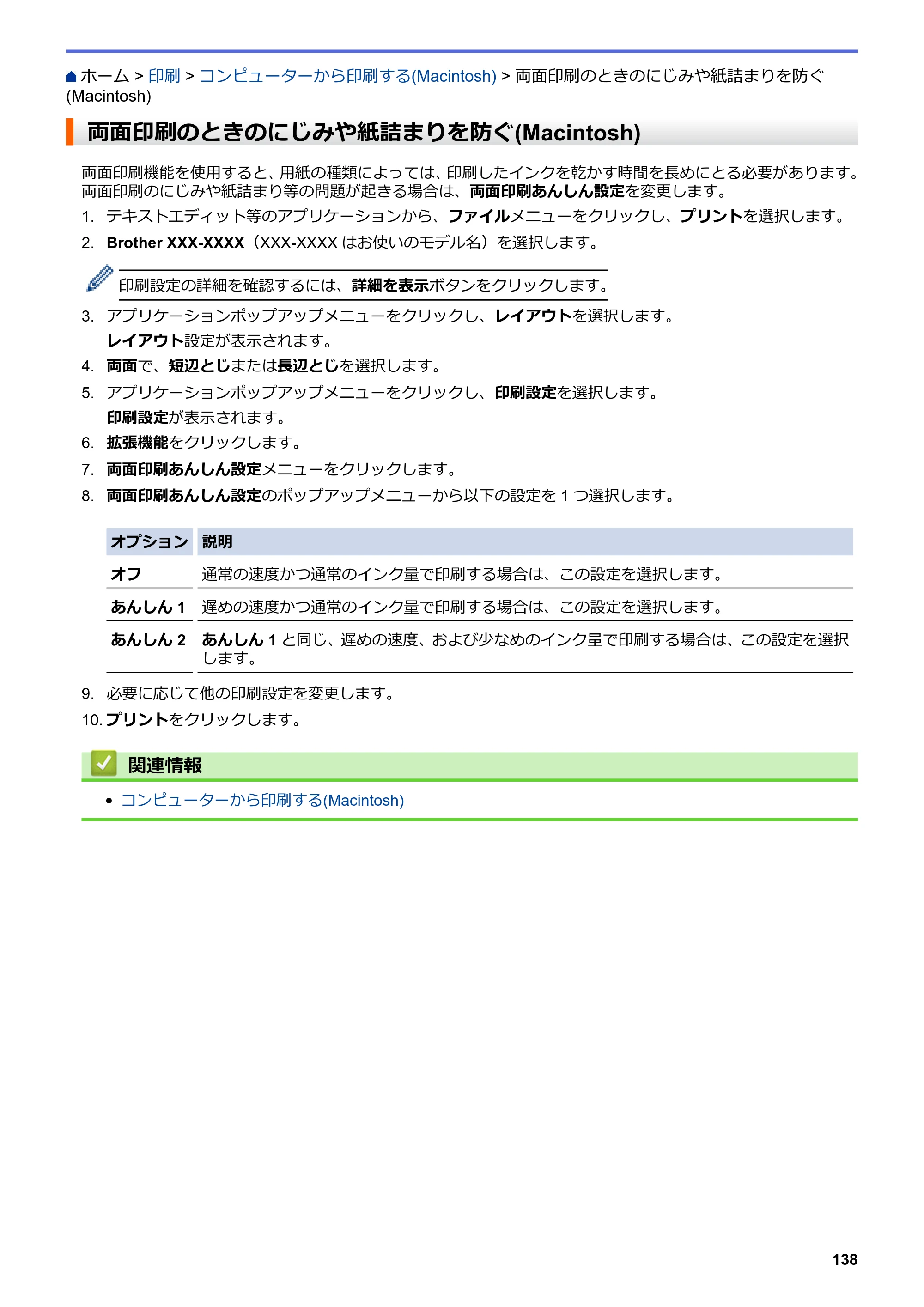 ブラザー DCP-J567N / DCP-J767N / DCP-J968N-B/W ユーザーズガイド（印刷用） ～パソコン活用＆ネットワーク～ — 両面印刷のときのにじみや紙詰まりを防ぐ(Macintosh) — 原本ページ — 142ページ