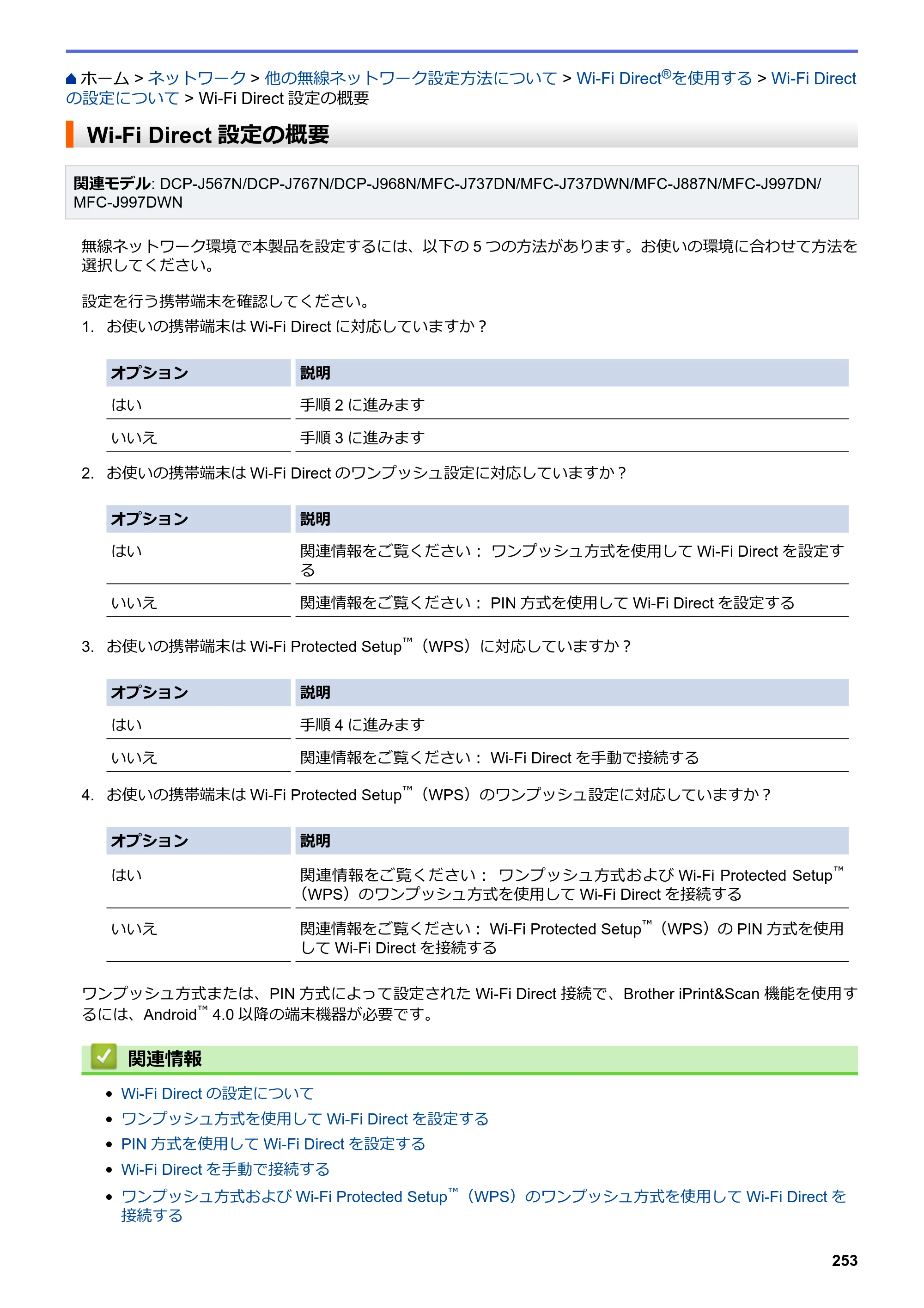 ブラザー DCP-J567N / DCP-J767N / DCP-J968N-B/W ユーザーズガイド（印刷用） ～パソコン活用＆ネットワーク～ — Wi-Fi Direct設定の概要 — 原本ページ — 257ページ