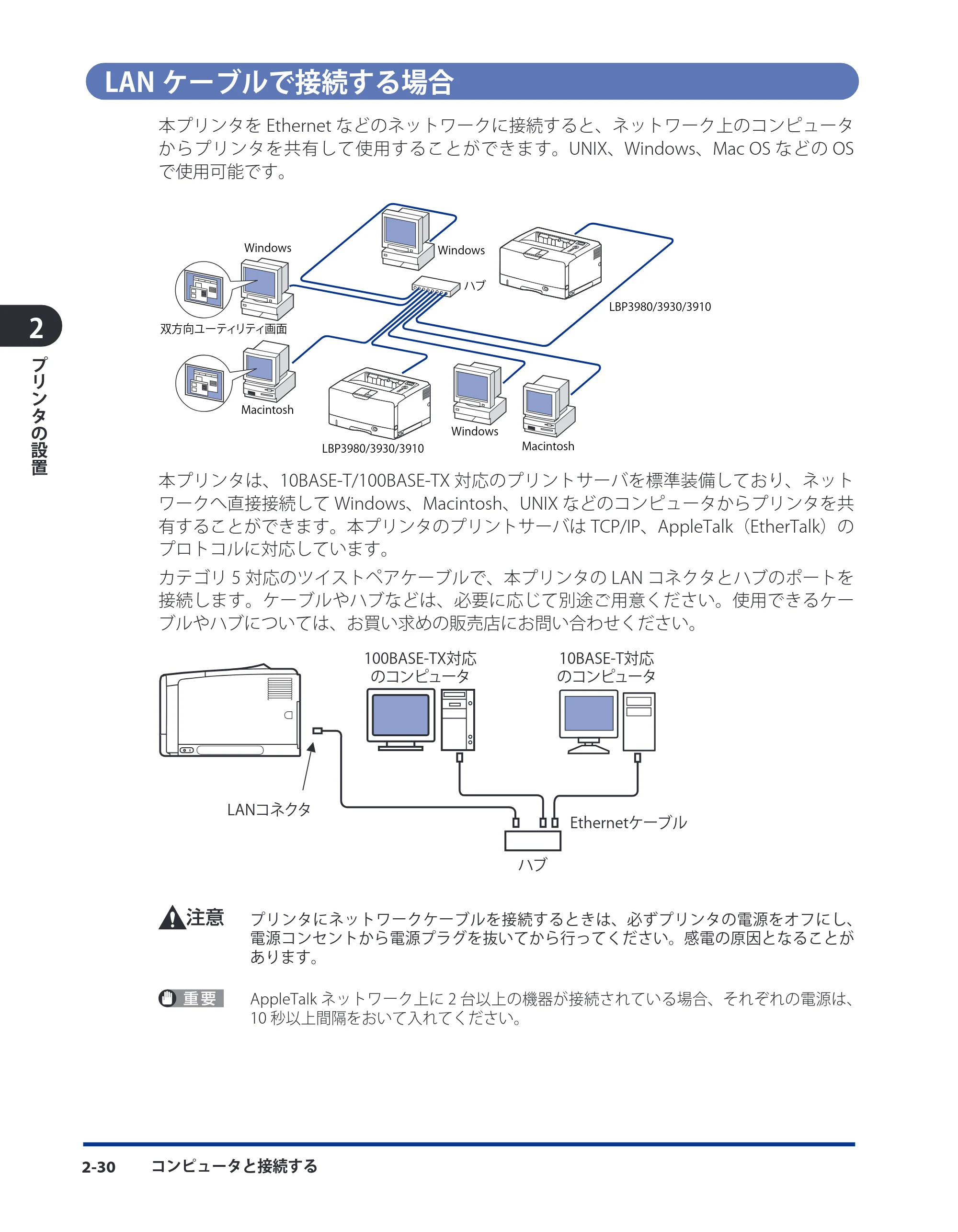 キヤノン LBP3930/3910 ユーザーズガイド 2011年1月20日更新 （PDF形式／12.91Mバイト） — LANケーブルで接続する場合 — 原本ページ — 70ページ