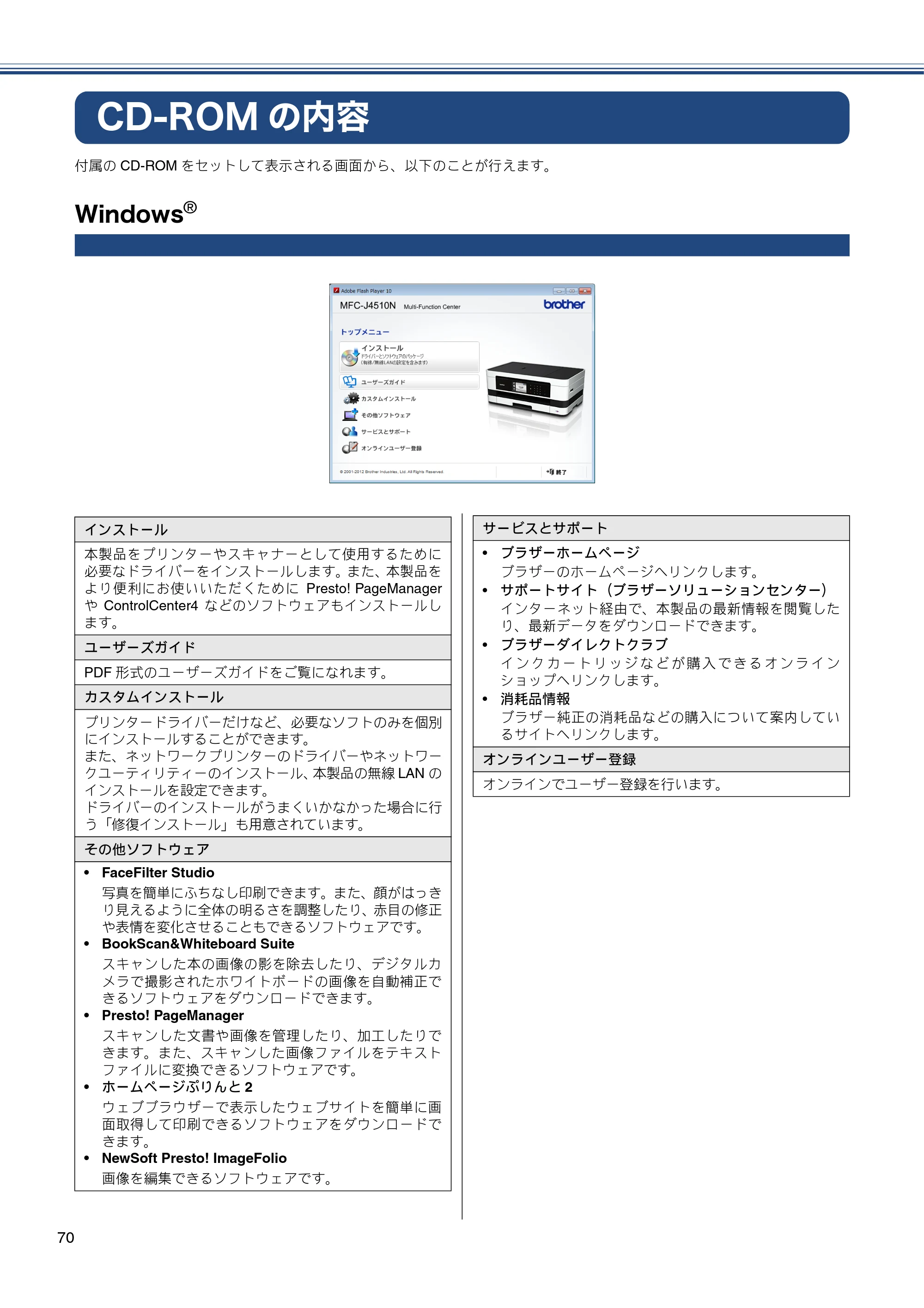 ブラザー MFC-J4510N / MFC-J4910CDW かんたん設置ガイド — CD-ROMの内容 — 原本ページ — 72ページ