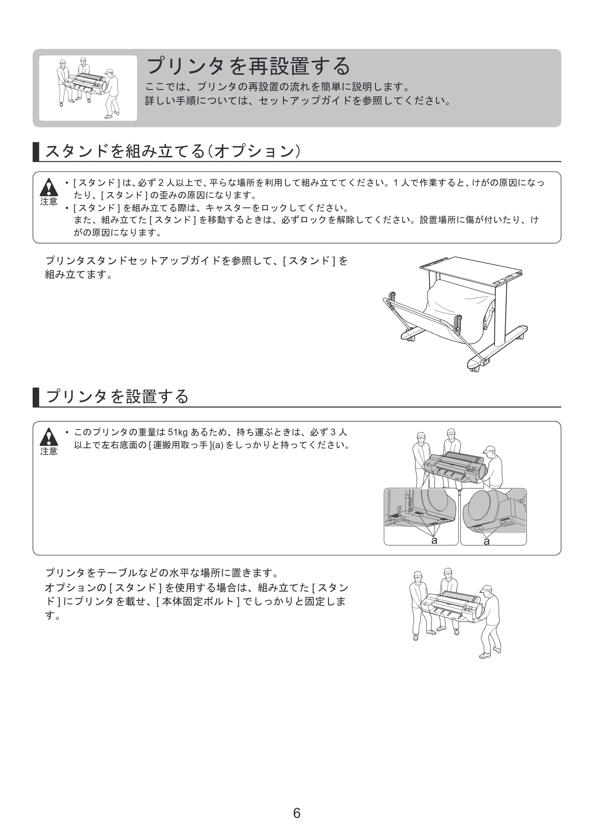 キヤノン iPF6300/6350 基本操作ガイド プリンタを運ぶ時にはプリンタードライバーインストール （PDF形式／3.24Mバイト） — プリンタを再設置する — 原本ページ — 6ページ