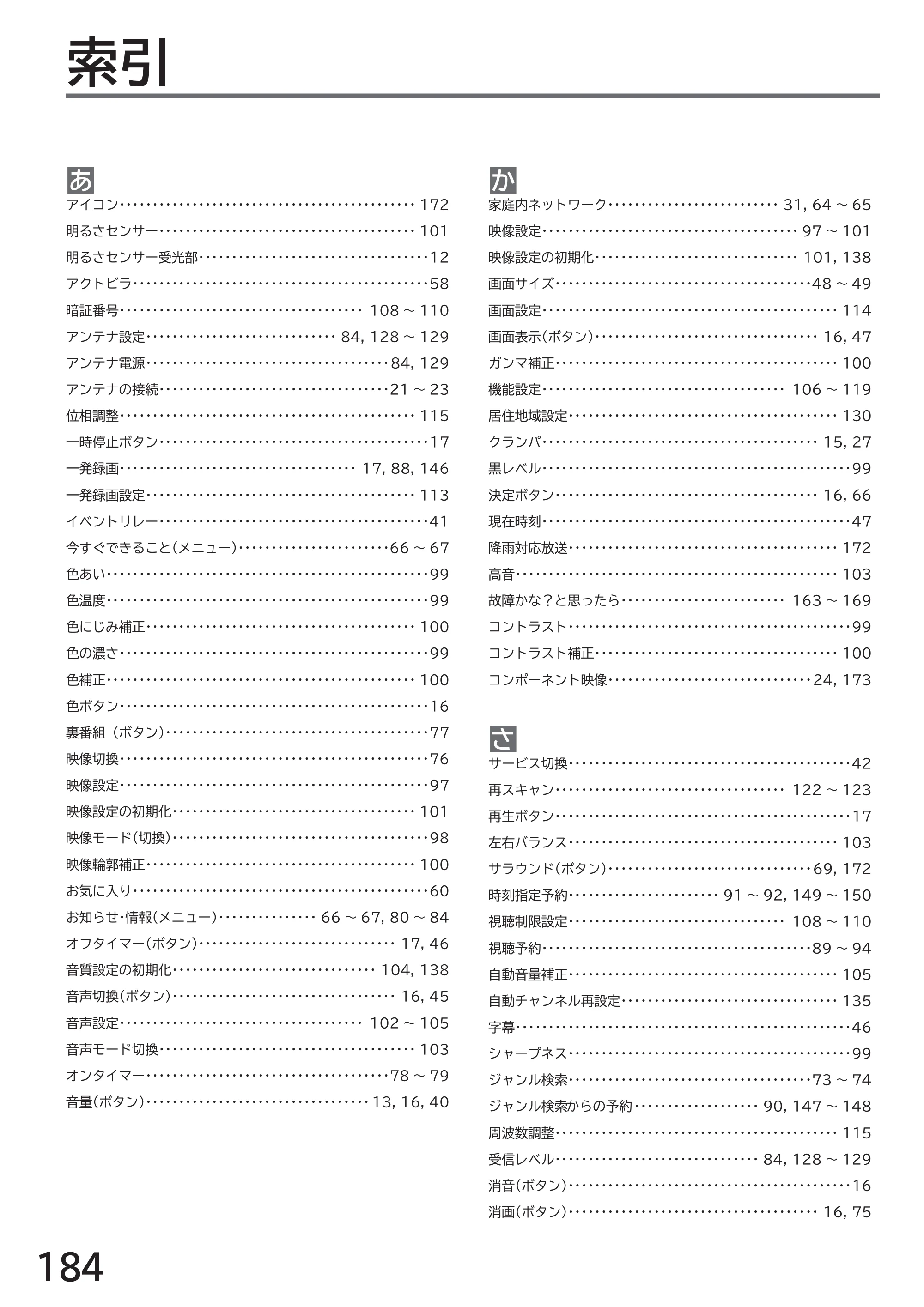 日立 L32-H2 取扱説明書 — 索引 — 原本ページ — 184ページ