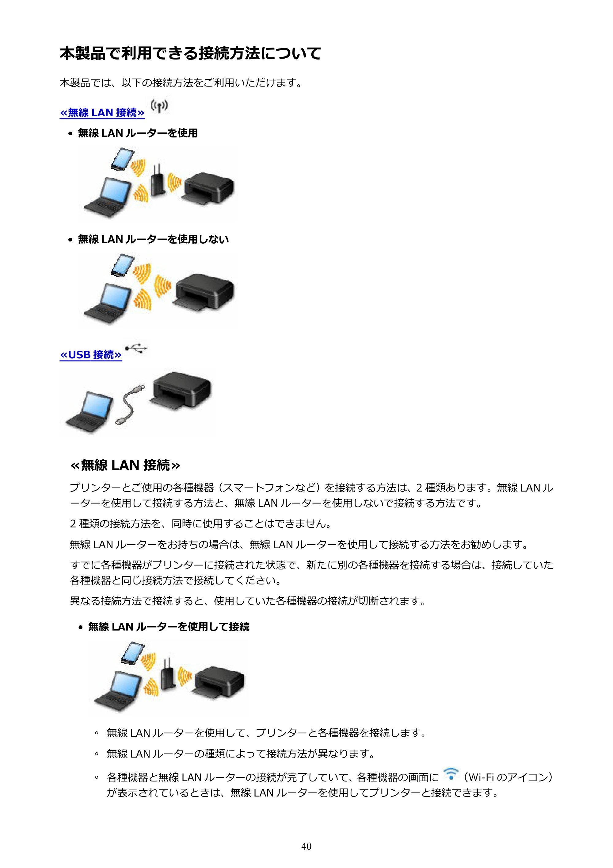 キヤノン PIXUS MG3630 MG3630 (PDF) オンラインマニュアル - 取扱説明書 - (Windows) 2026年5月21日更新(PDF:12.7MB) — 本製品で利用できる接続方法について — 原本ページ — 40ページ