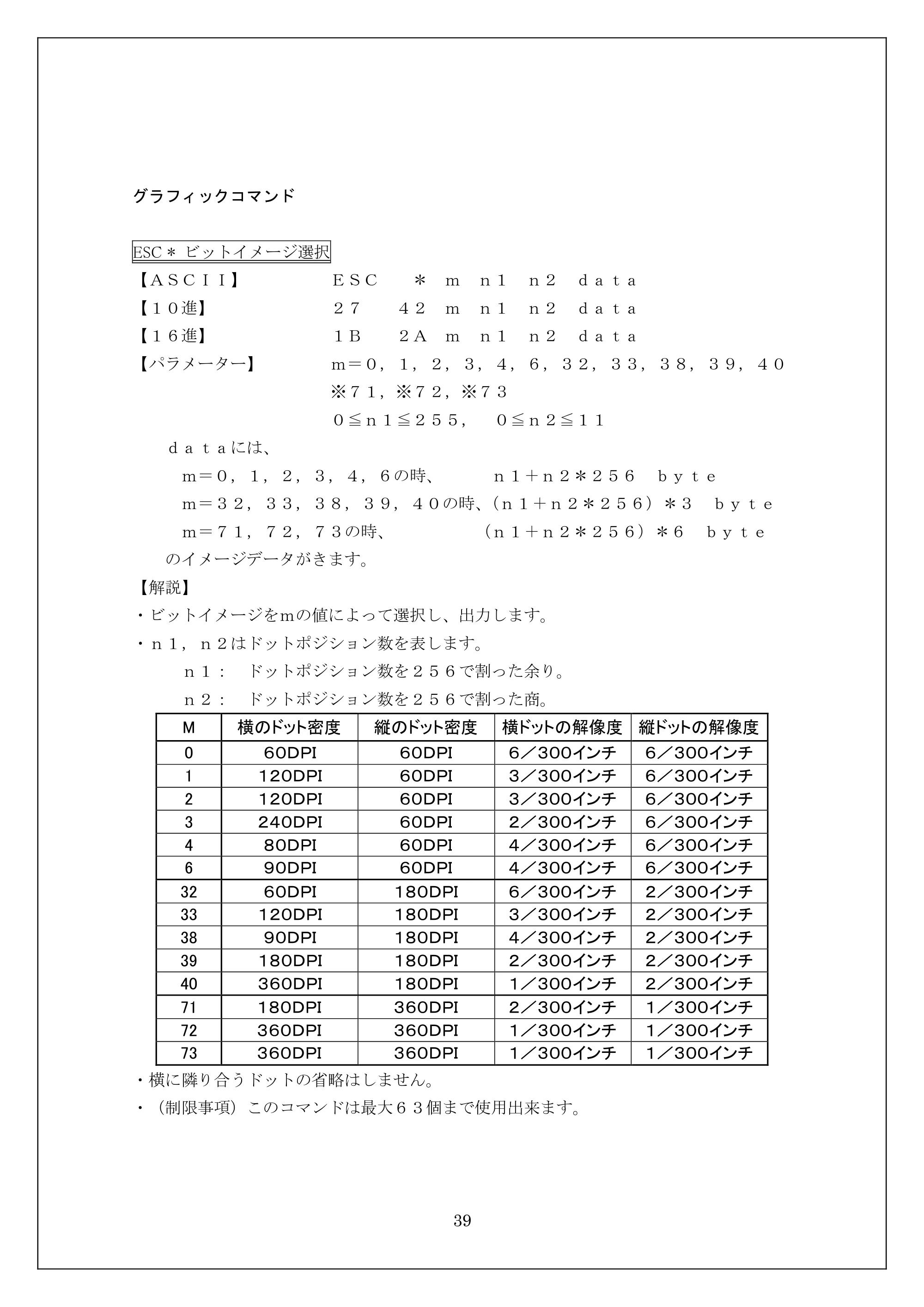 ブラザー MW-270 / MW-170 ESC/Pコマンドリファレンス — グラフィックコマンド — 原本ページ — 39ページ