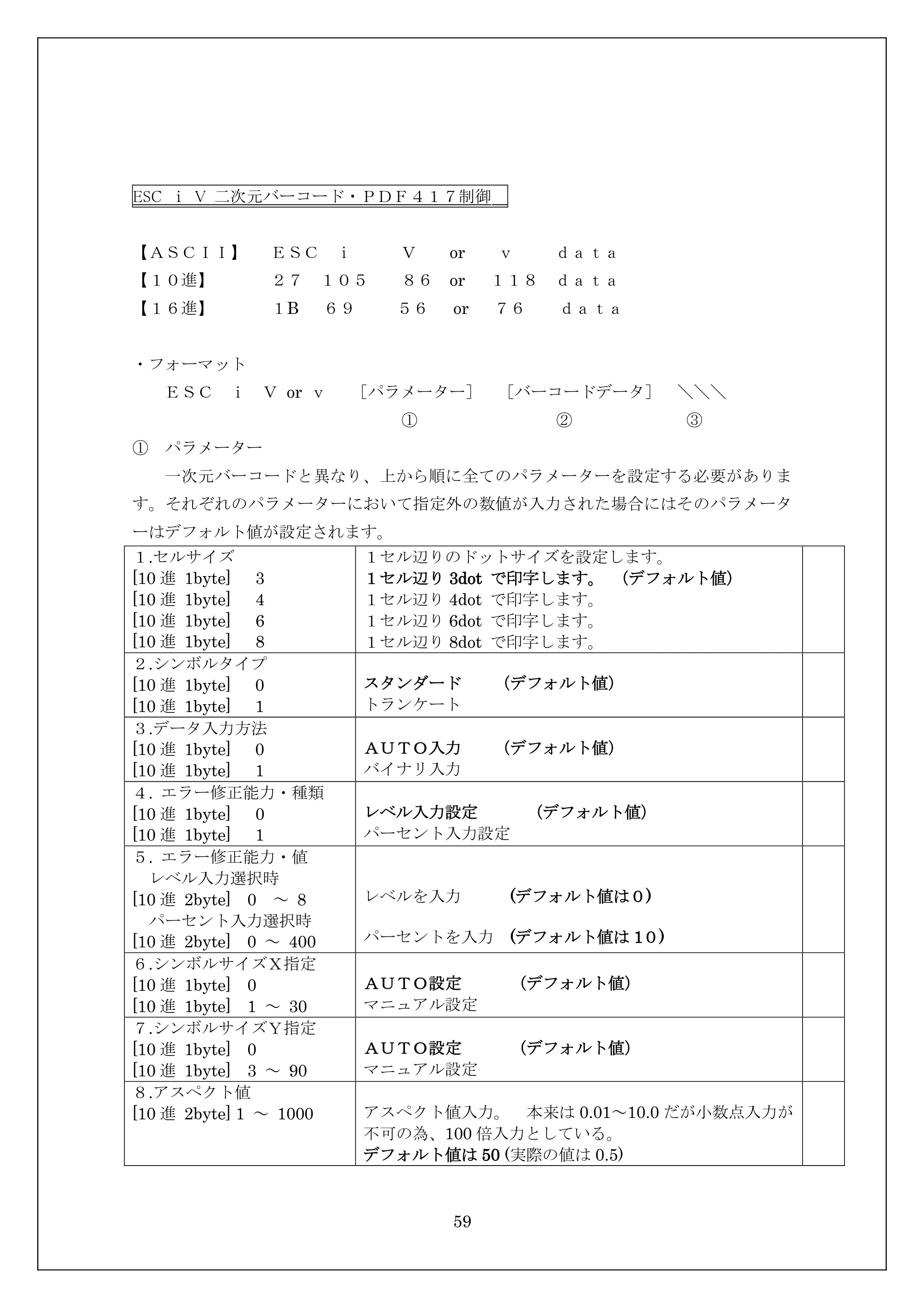 ブラザー MW-270 / MW-170 ESC/Pコマンドリファレンス — ESC ｉ V 二次元バーコード・ＰＤＦ４１７制御 — 原本ページ — 59ページ