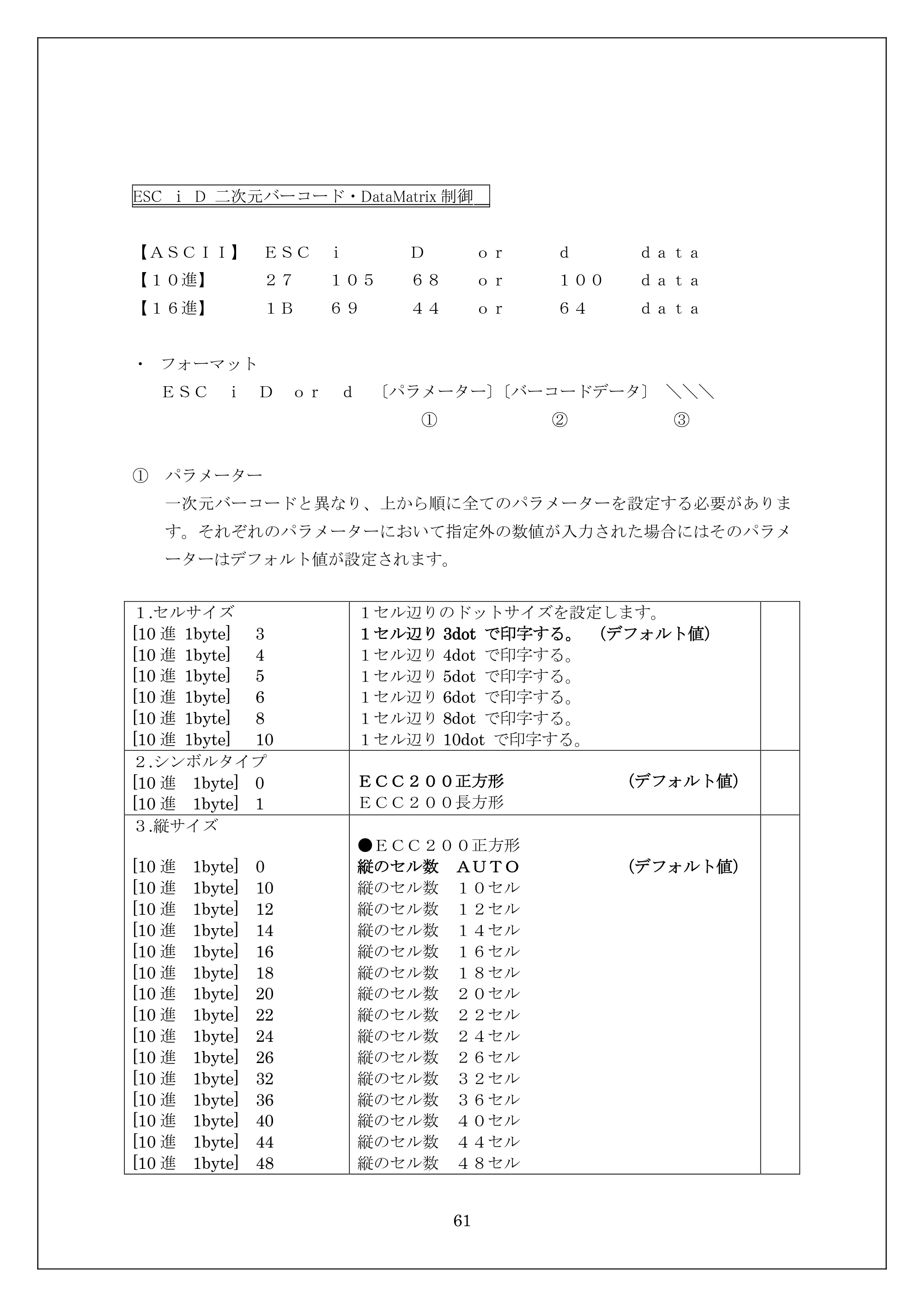ブラザー MW-270 / MW-170 ESC/Pコマンドリファレンス — ESC ｉ D 二次元バーコード・DataMatrix制御 — 原本ページ — 61ページ