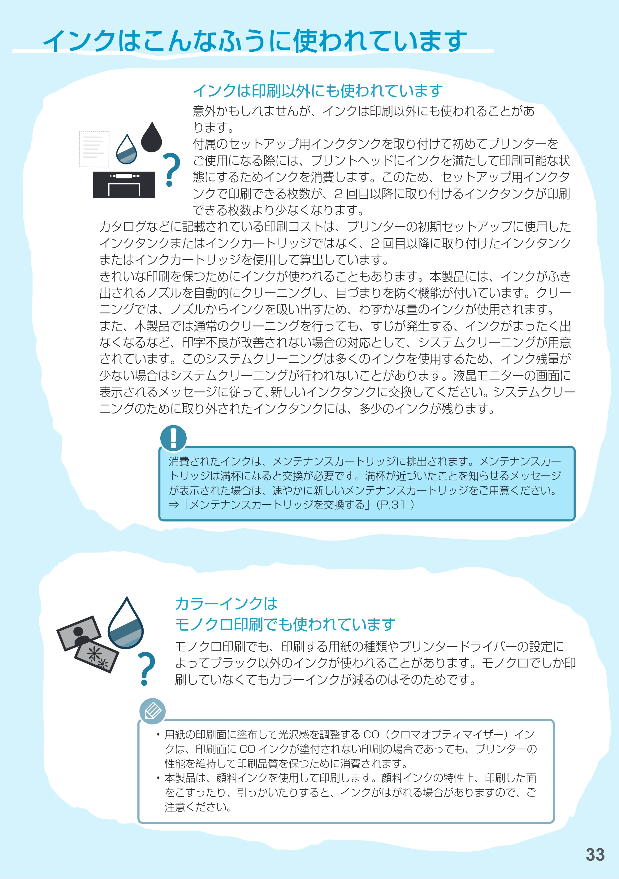 キヤノン PRO-1000 imagePROGRAF PRO-1000 基本操作マニュアル（PDF：4.04MB） — インクはこんなふうに使われています — 原本ページ — 35ページ