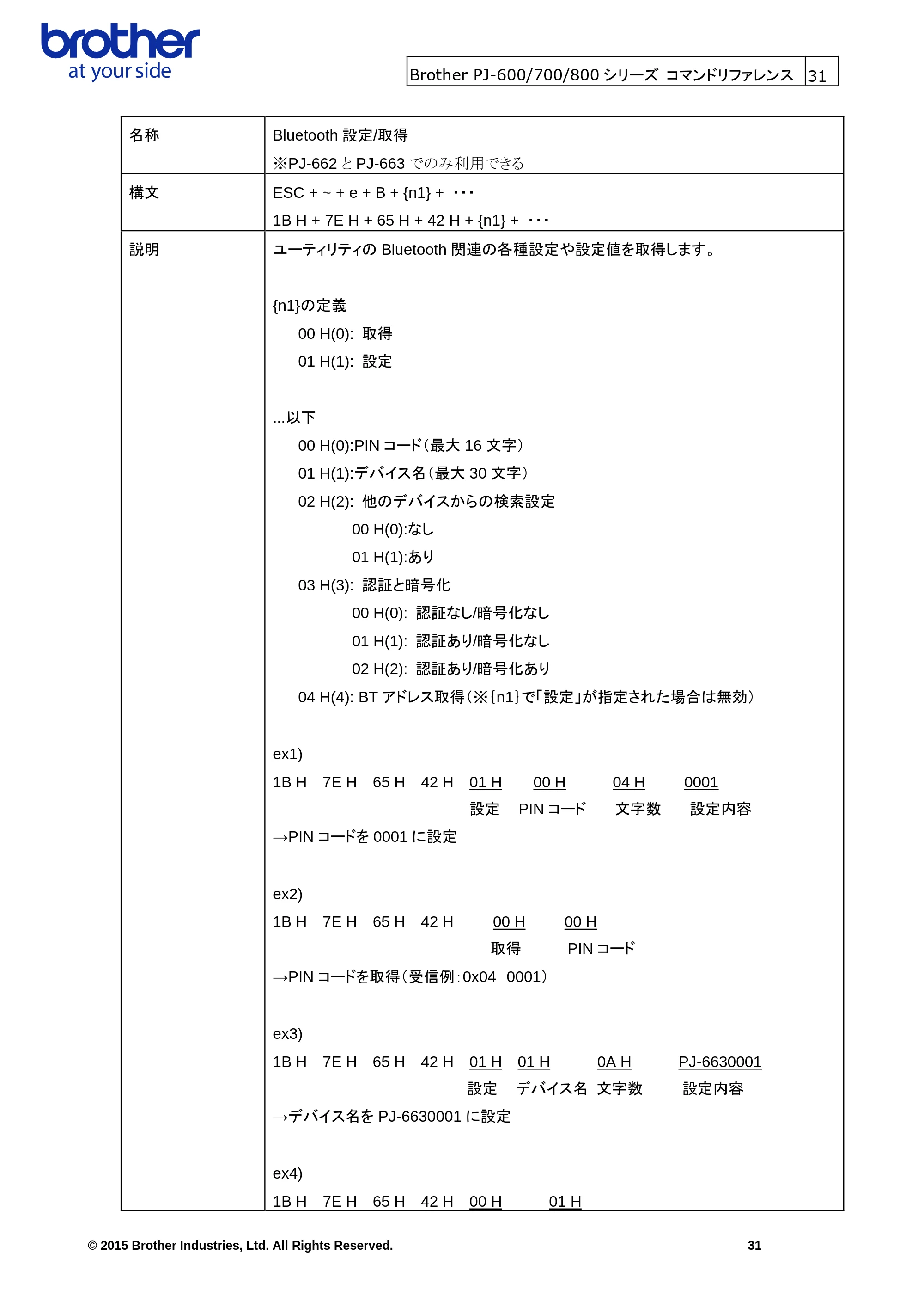 ブラザー PJ-623 / PJ-663 / PJ-673 ラスターコマンドリファレンス — 5.3.2. PJ-700 シリーズユーティリティコマンド詳細 — 原本ページ — 34ページ