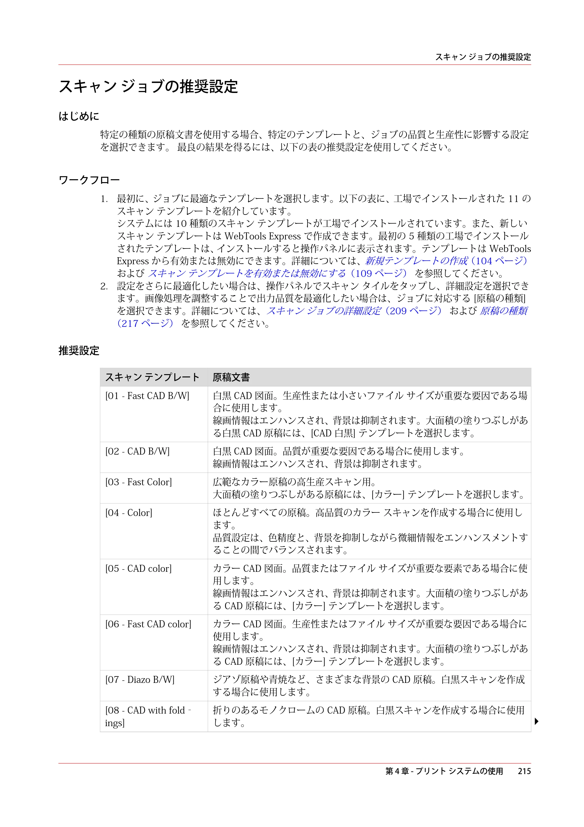 キヤノン PlotWave 5000 操作ガイド 2021年10月2日掲載 （PDF形式／12.48Mバイト） — スキャン ジョブの推奨設定 — 原本ページ — 215ページ
