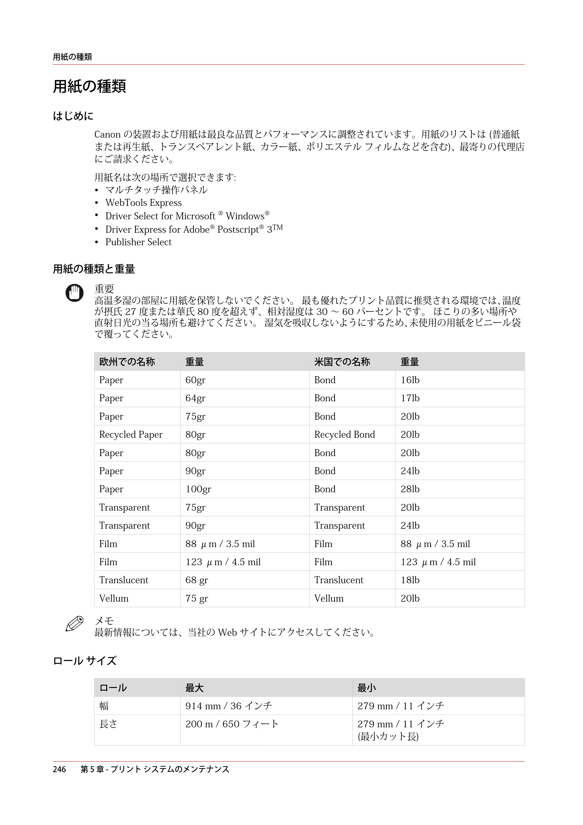 キヤノン PlotWave 5000 操作ガイド 2021年10月2日掲載 （PDF形式／12.48Mバイト） — 用紙の種類 — 原本ページ — 246ページ