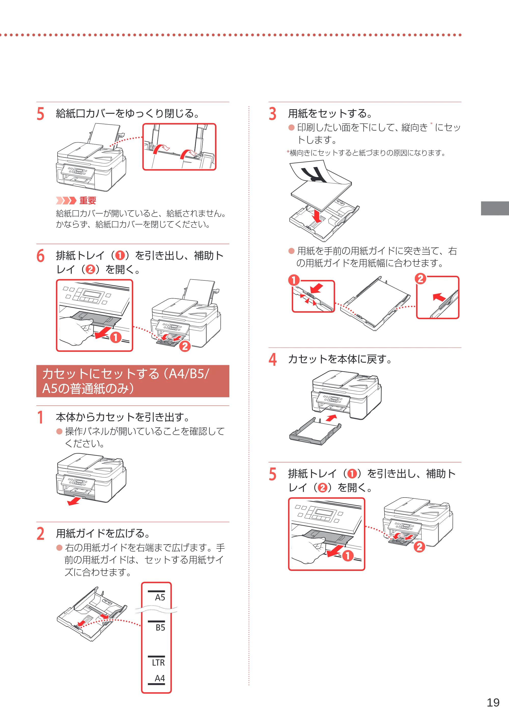 キヤノン GM4030 設置・基本操作マニュアル 2022年2月15日掲載（PDF：8.36MB） — カセットにセットする（A4/B5/A5の普通紙のみ） — 原本ページ — 21ページ