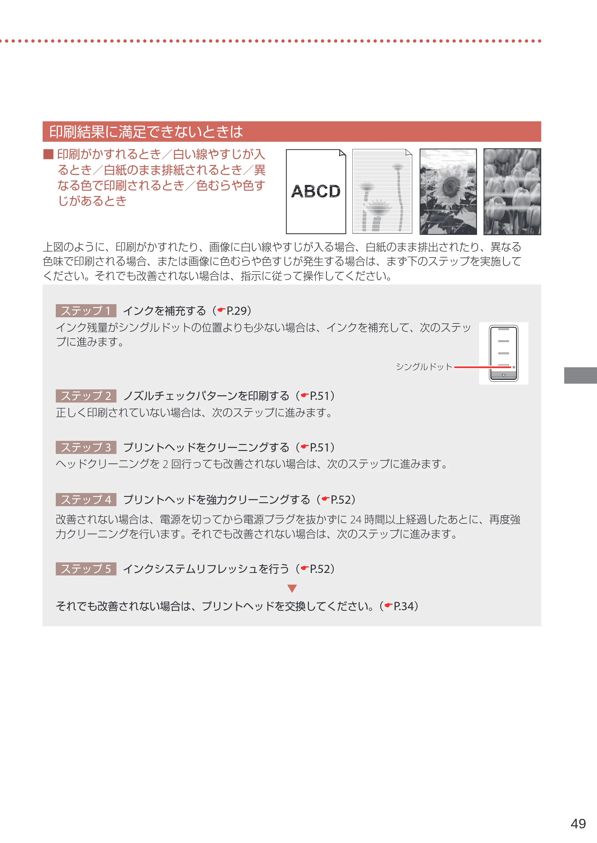 キヤノン GM4030 設置・基本操作マニュアル 2022年2月15日掲載（PDF：8.36MB） — 印刷結果に満足できないときは — 原本ページ — 51ページ