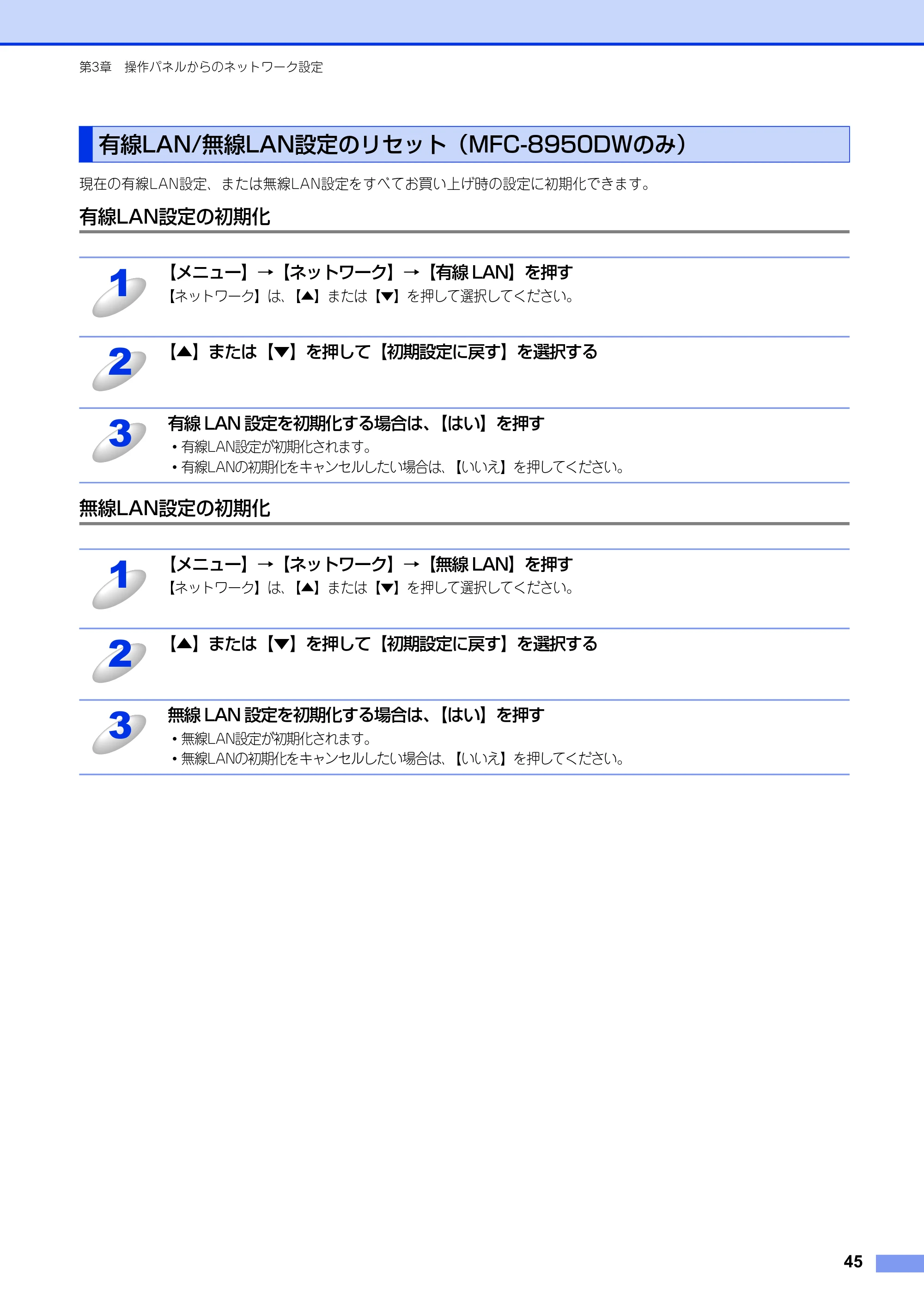 ブラザー MFC-8520DN / MFC-8950DW ユーザーズガイド ～ネットワーク編～ — 有線LAN/無線LAN設定のリセット（MFC-8950DWのみ） — 原本ページ — 46ページ