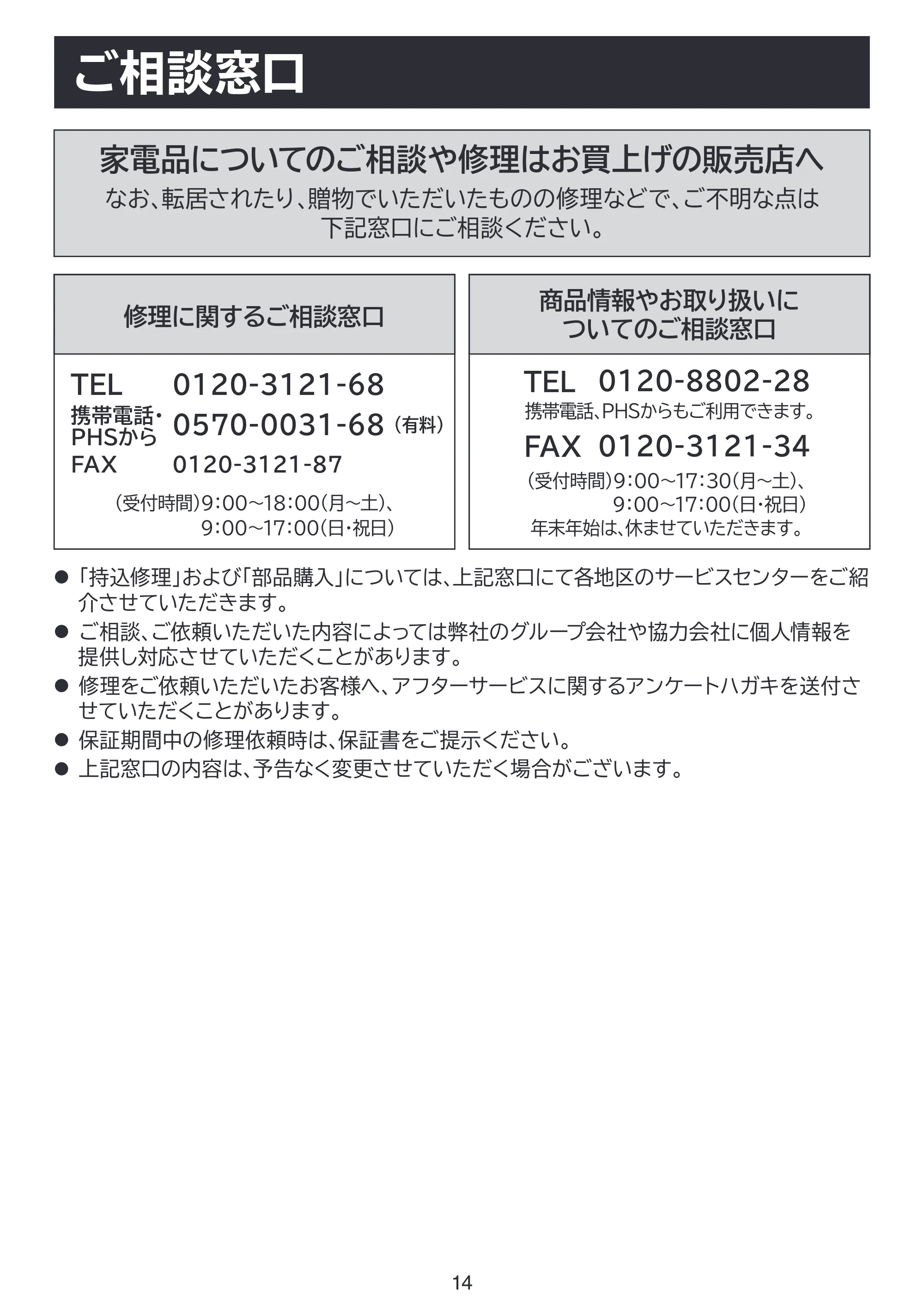 日立 HID-T500B / HID-T600B 取扱説明書 — ご相談窓口 — 原本ページ — 14ページ