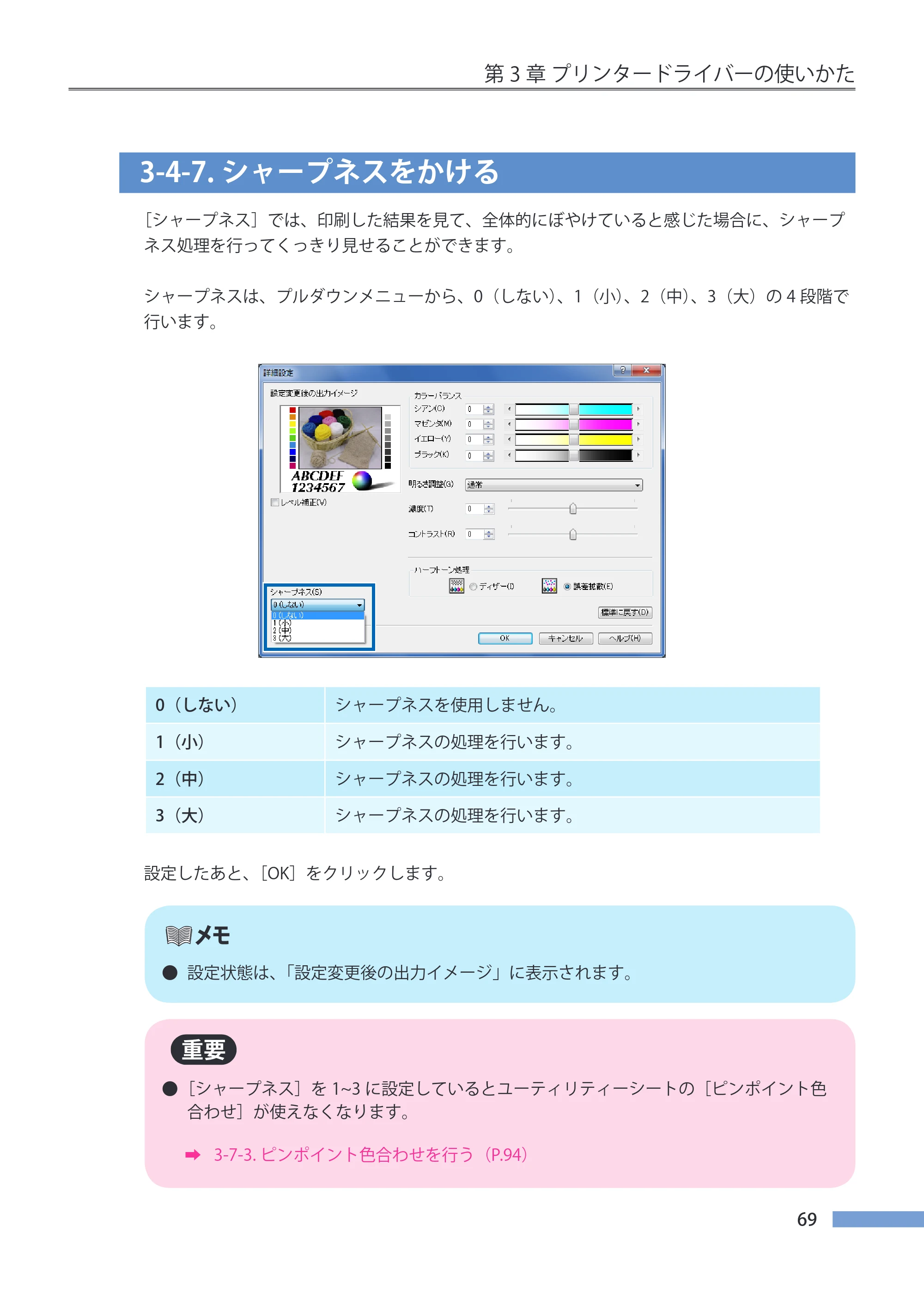 キヤノン CX-G4400 CX-G4400 （BJI-P412M用）ユーザーズガイド※ （PDF形式／16.75Mバイト） — 3-4-7.シャープネスをかける — 原本ページ — 77ページ