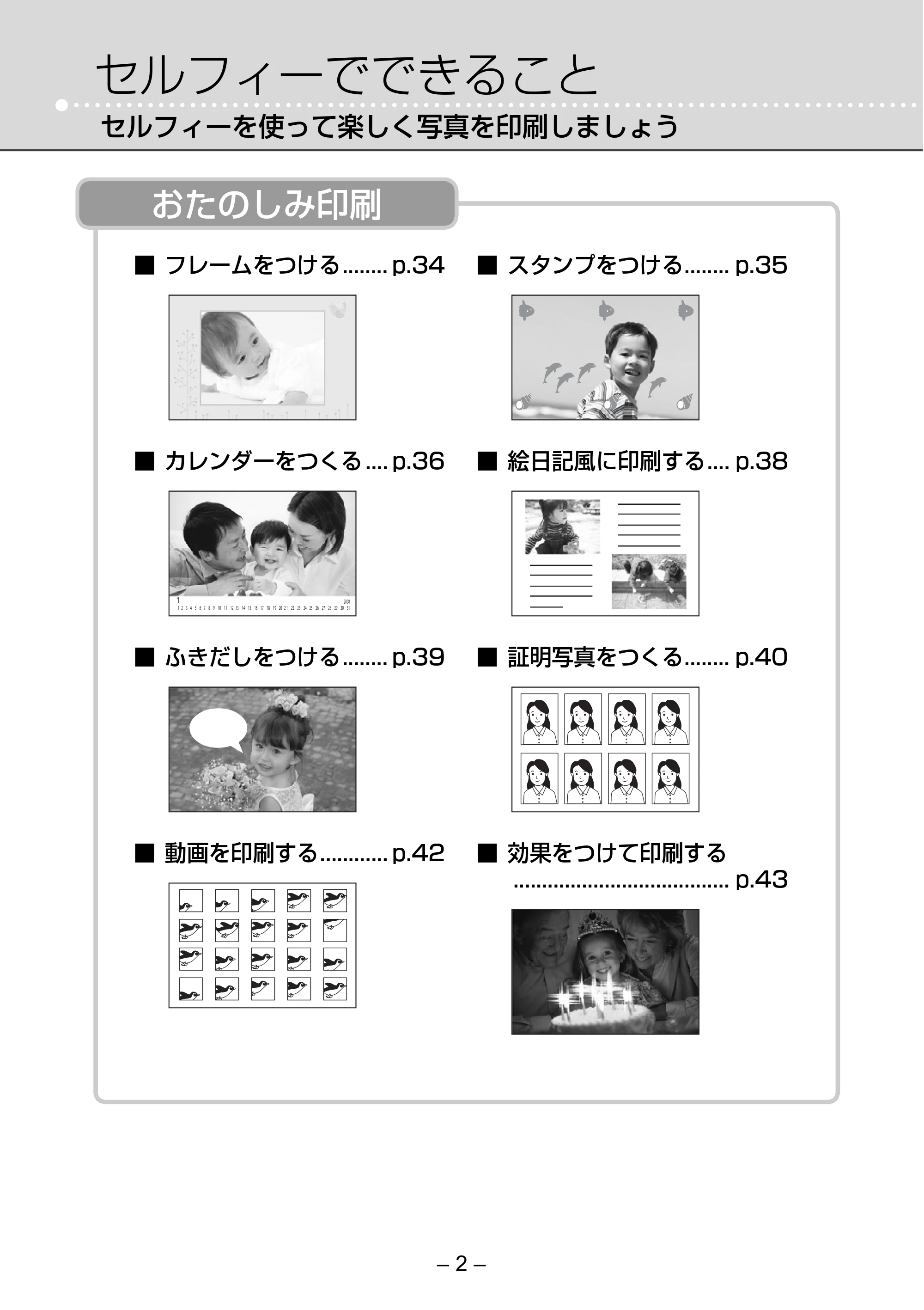 キヤノン SELPHY ES2 プリンターユーザーガイド （PDF形式／3.96Mバイト） — セルフィーでできること — 原本ページ — 2ページ