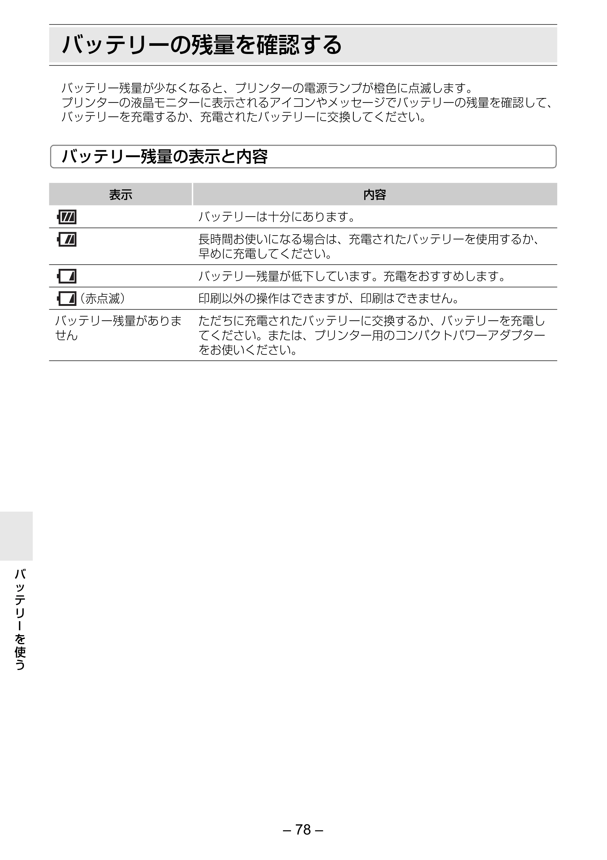 キヤノン SELPHY ES2 プリンターユーザーガイド （PDF形式／3.96Mバイト） — バッテリーの残量を確認する — 原本ページ — 78ページ