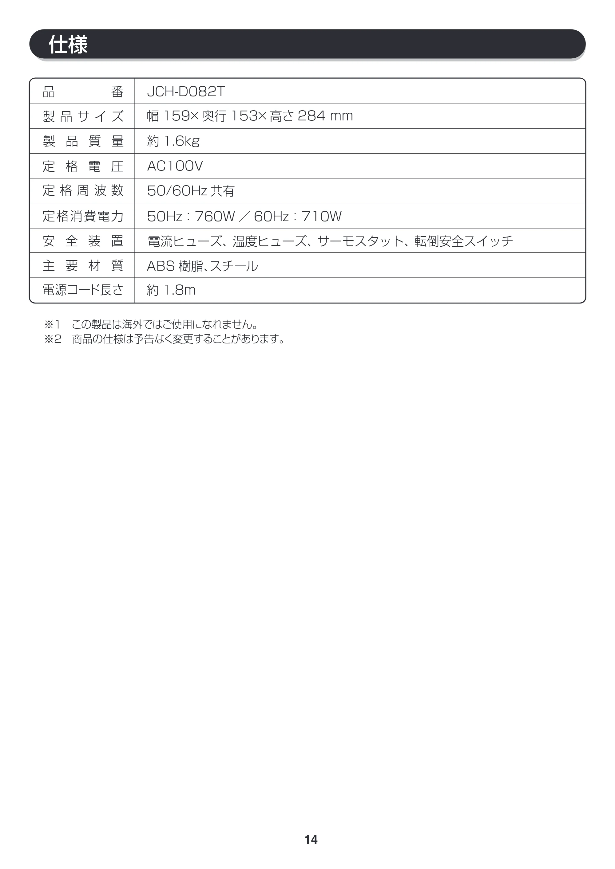 アイリスオーヤマ JCH-D082T 取扱説明書 — 原本ページ — 14ページ