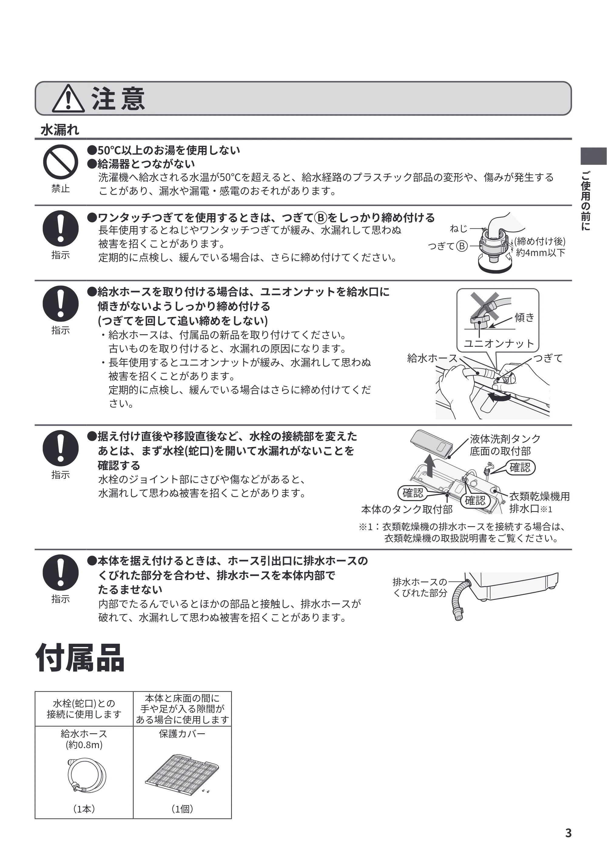 日立 BW-X100P / BW-X90P / BW-V100P 据付説明書 — 付属品 — 原本ページ — 3ページ