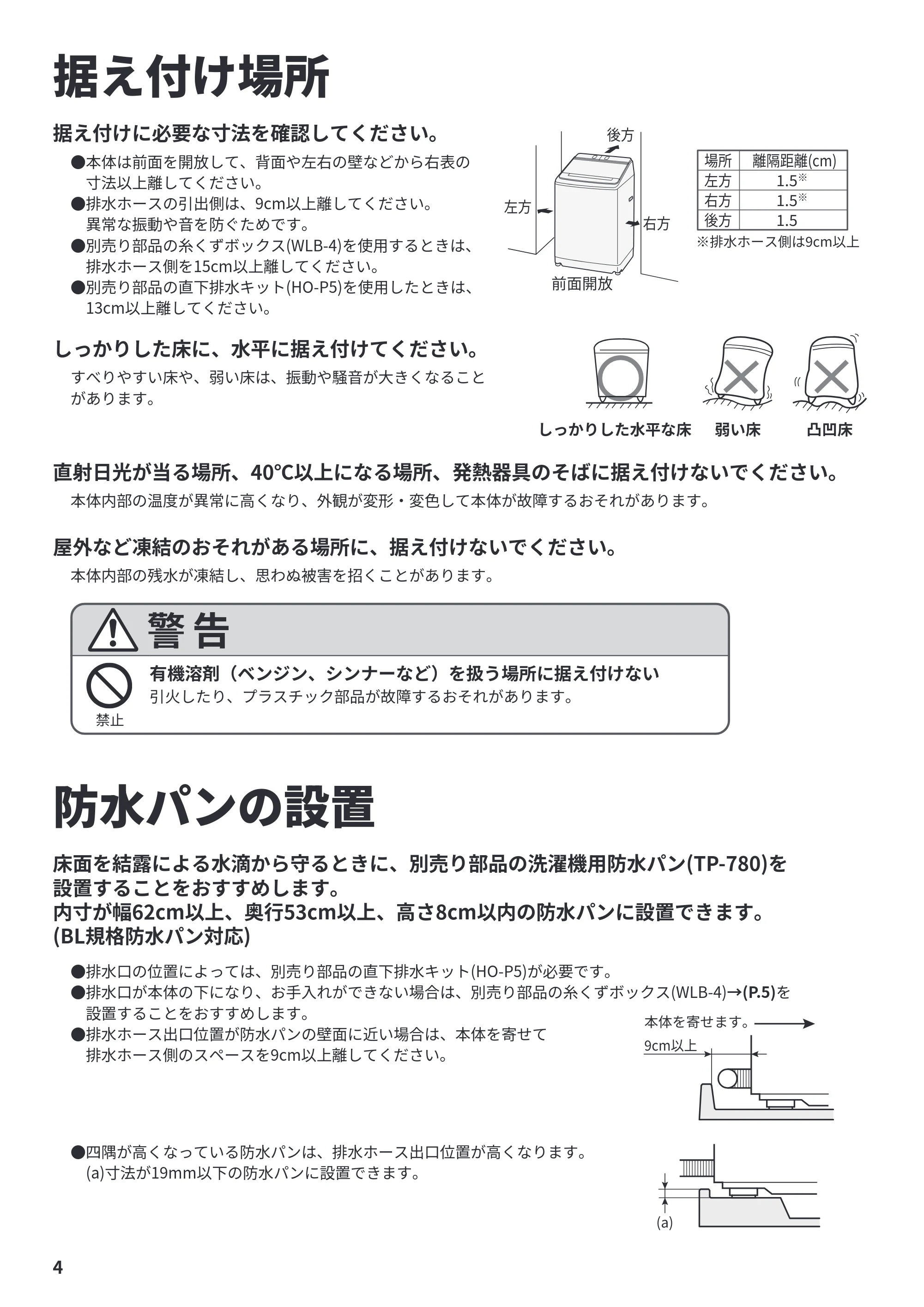 日立 BW-X100P / BW-X90P / BW-V100P 据付説明書 — 据え付け場所 — 原本ページ — 4ページ