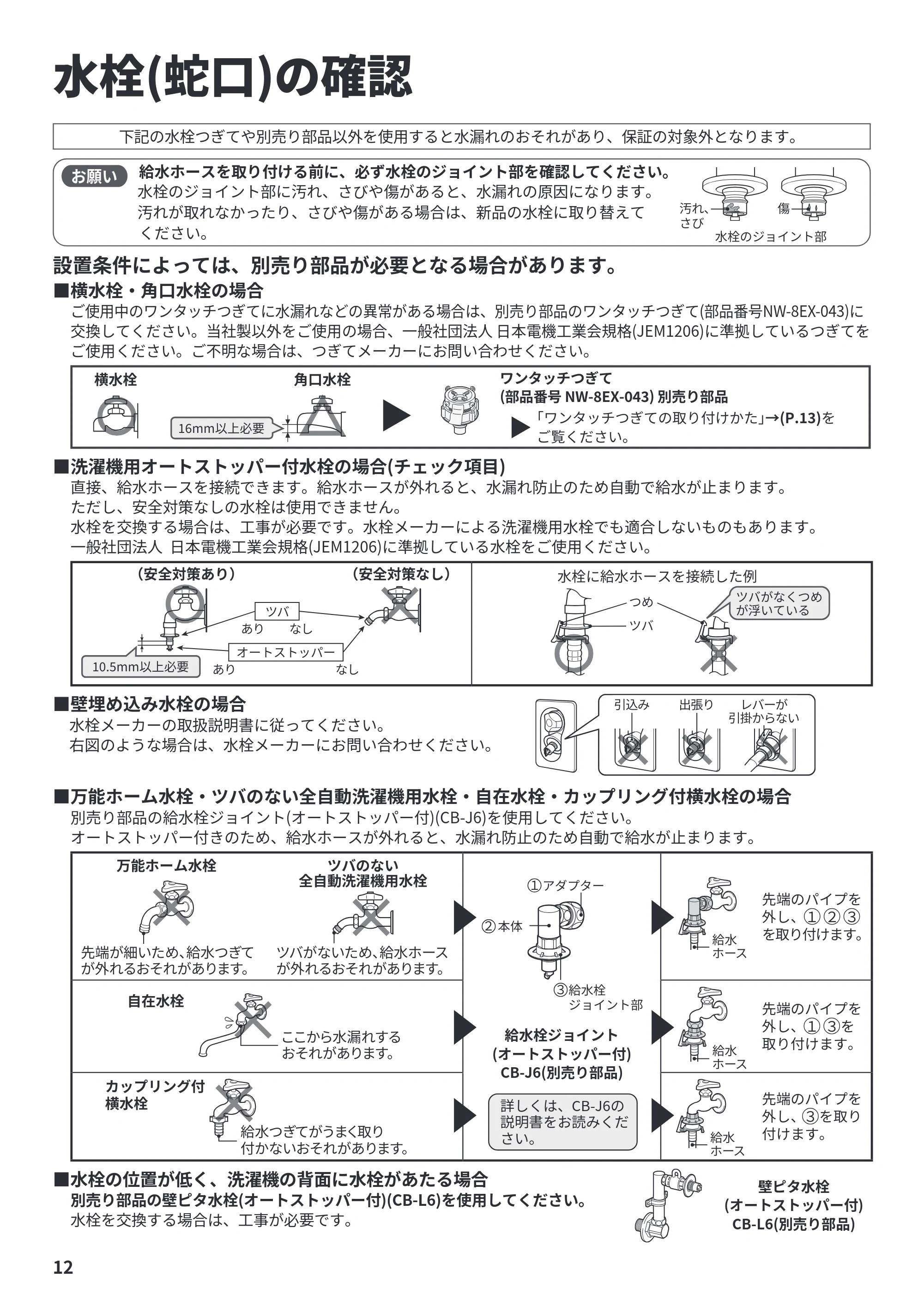 日立 BW-X100P / BW-X90P / BW-V100P 据付説明書 — 水栓(蛇口)の確認 — 原本ページ — 12ページ
