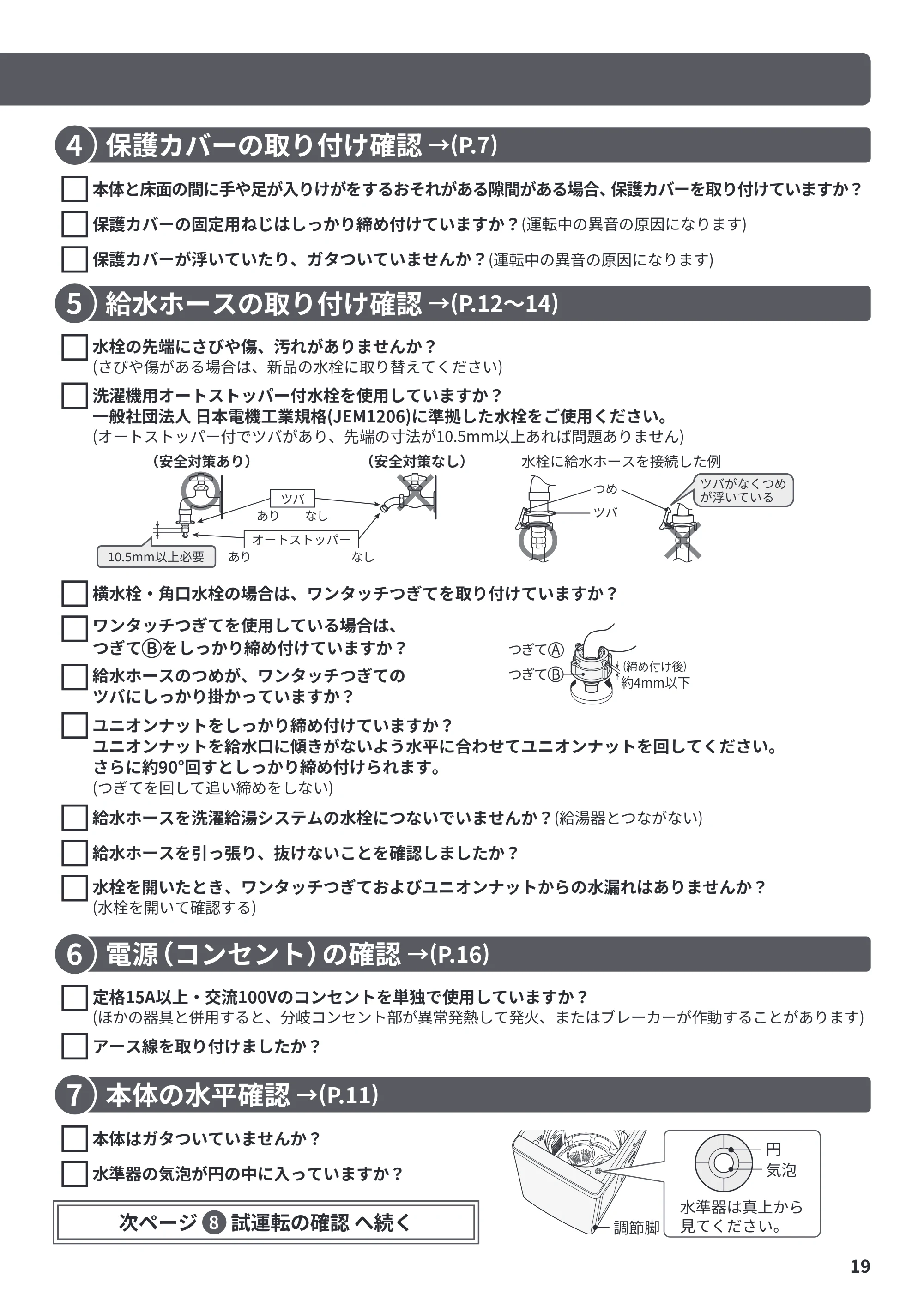 日立 BW-X100P / BW-X90P / BW-V100P 据付説明書 — 保護カバーの取り付け確認 — 原本ページ — 19ページ