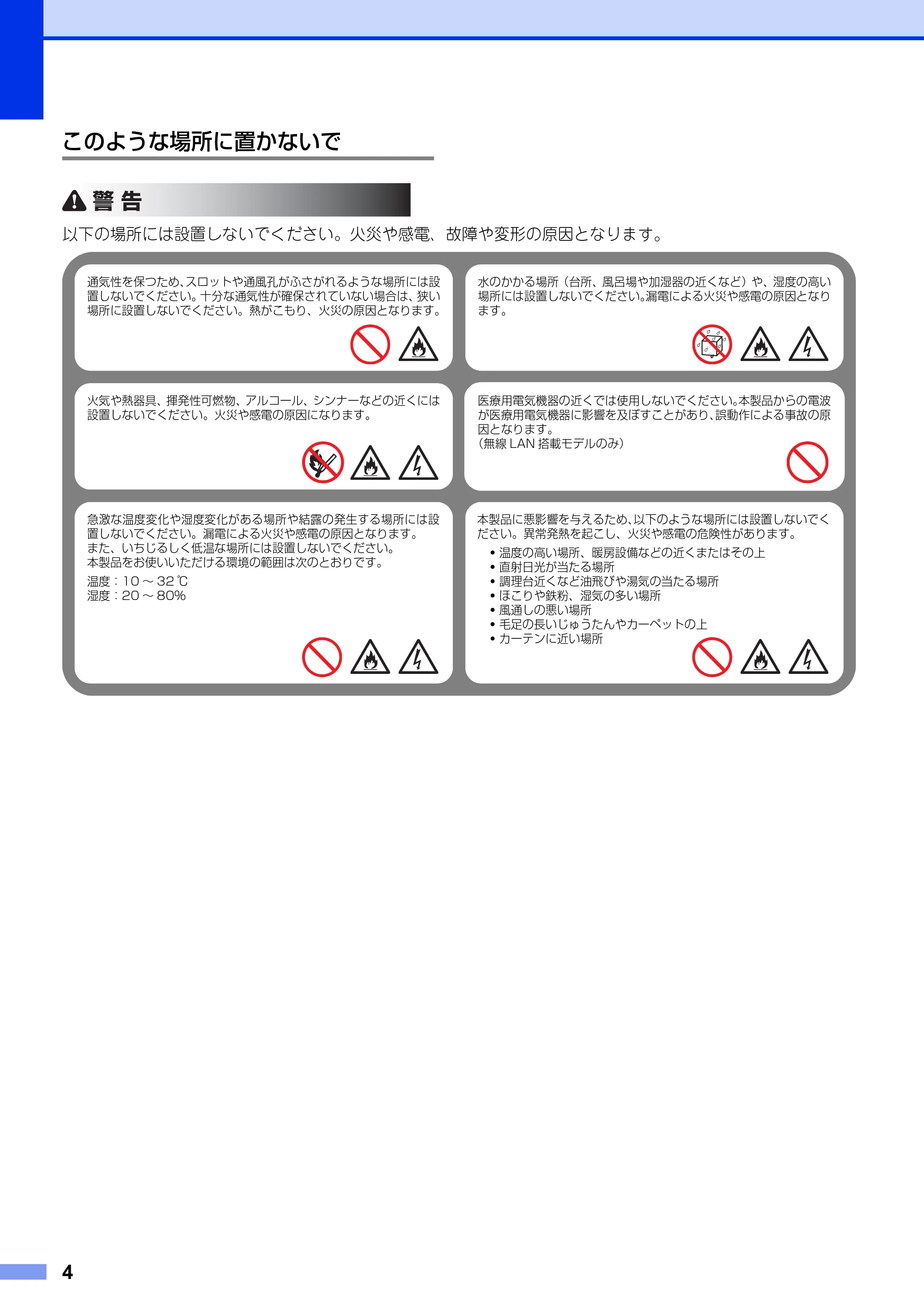 ブラザー HL-L5100DN / HL-L5200DW / HL-L6400DW 安全にお使いいただくために — このような場所に置かないで — 原本ページ — 4ページ