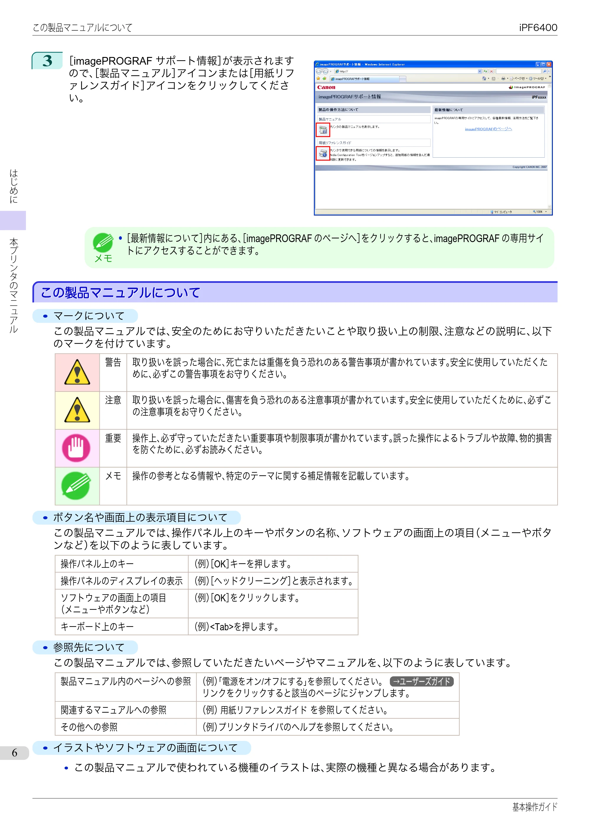 キヤノン iPF6400/6450 基本操作ガイド（iPF6400用）（PDF：14.7MB） — この製品マニュアルについて — 原本ページ — 6ページ