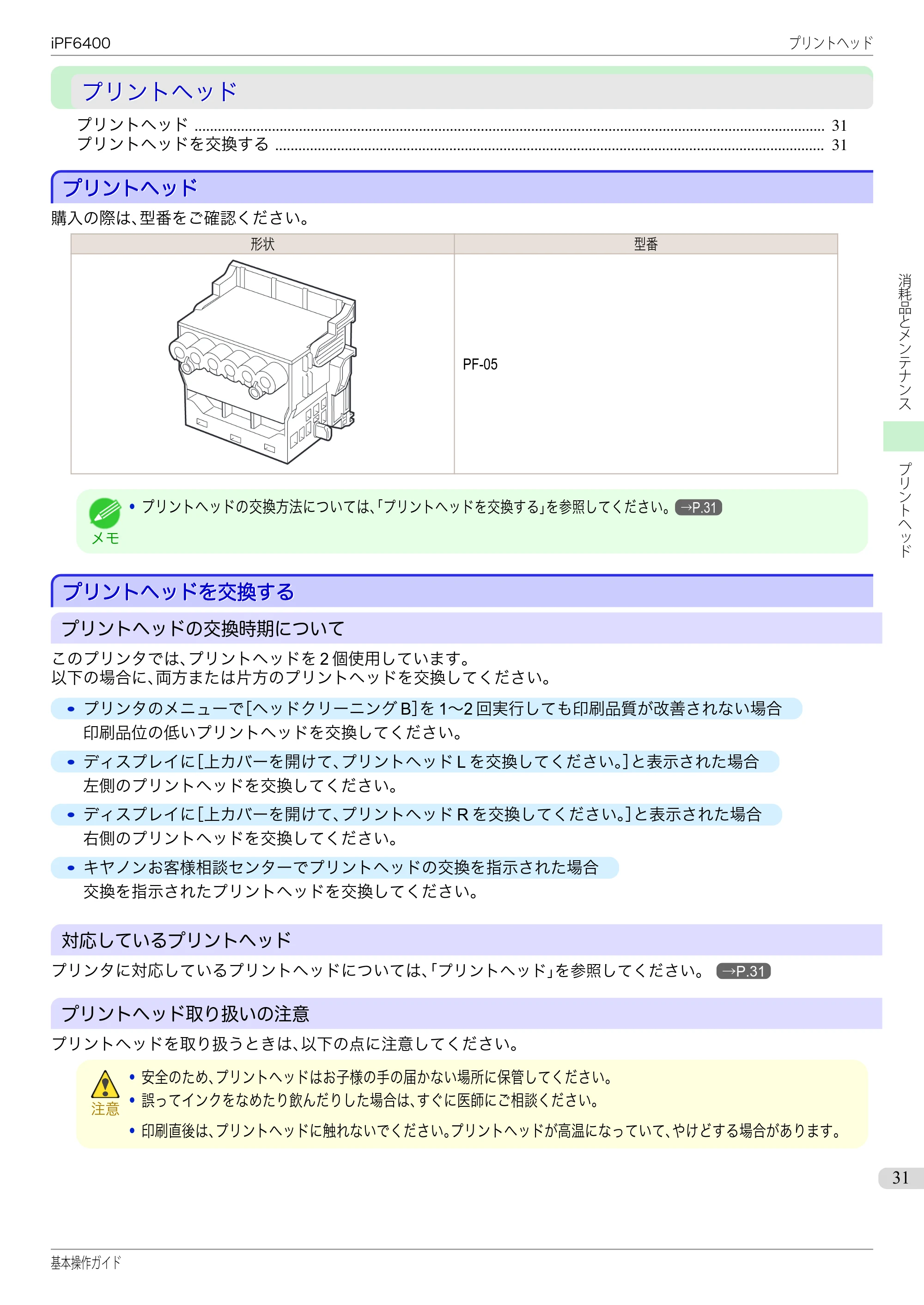 キヤノン iPF6400/6450 基本操作ガイド（iPF6400用）（PDF：14.7MB） — プリントヘッド — 原本ページ — 31ページ