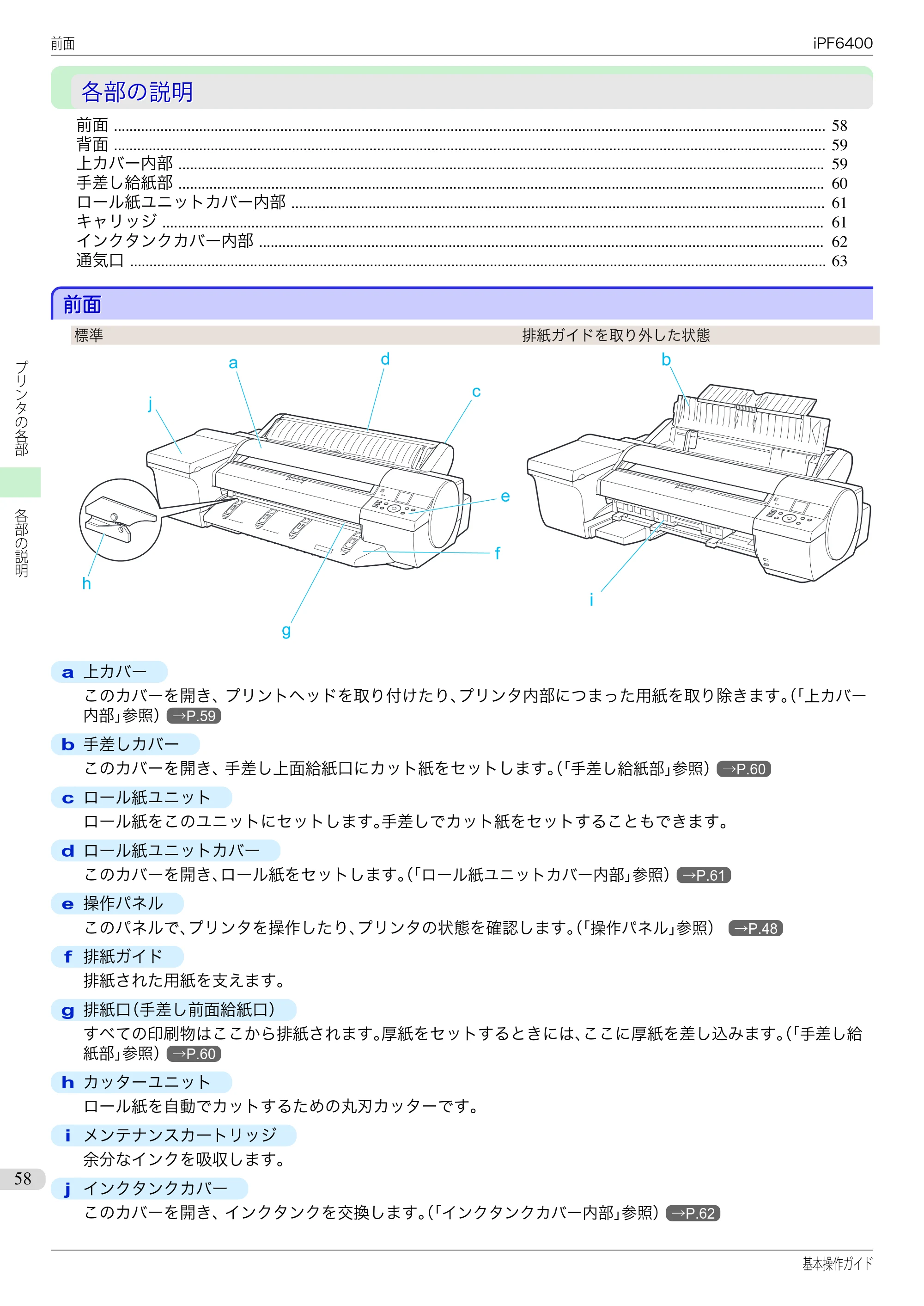 キヤノン iPF6400/6450 基本操作ガイド（iPF6400用）（PDF：14.7MB） — 各部の説明 — 原本ページ — 58ページ