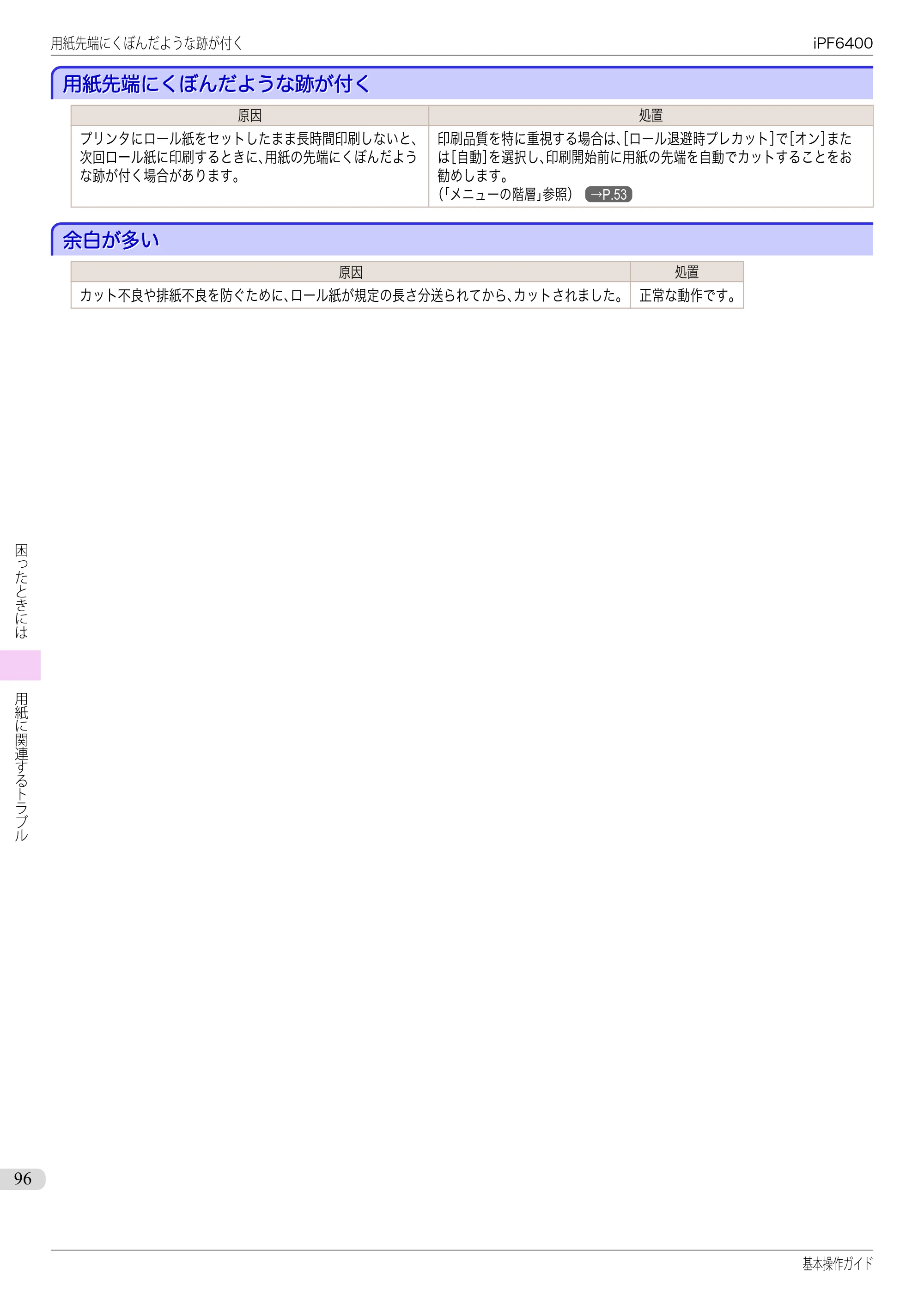 キヤノン iPF6400/6450 基本操作ガイド（iPF6400用）（PDF：14.7MB） — 用紙先端にくぼんだような跡が付く — 原本ページ — 96ページ