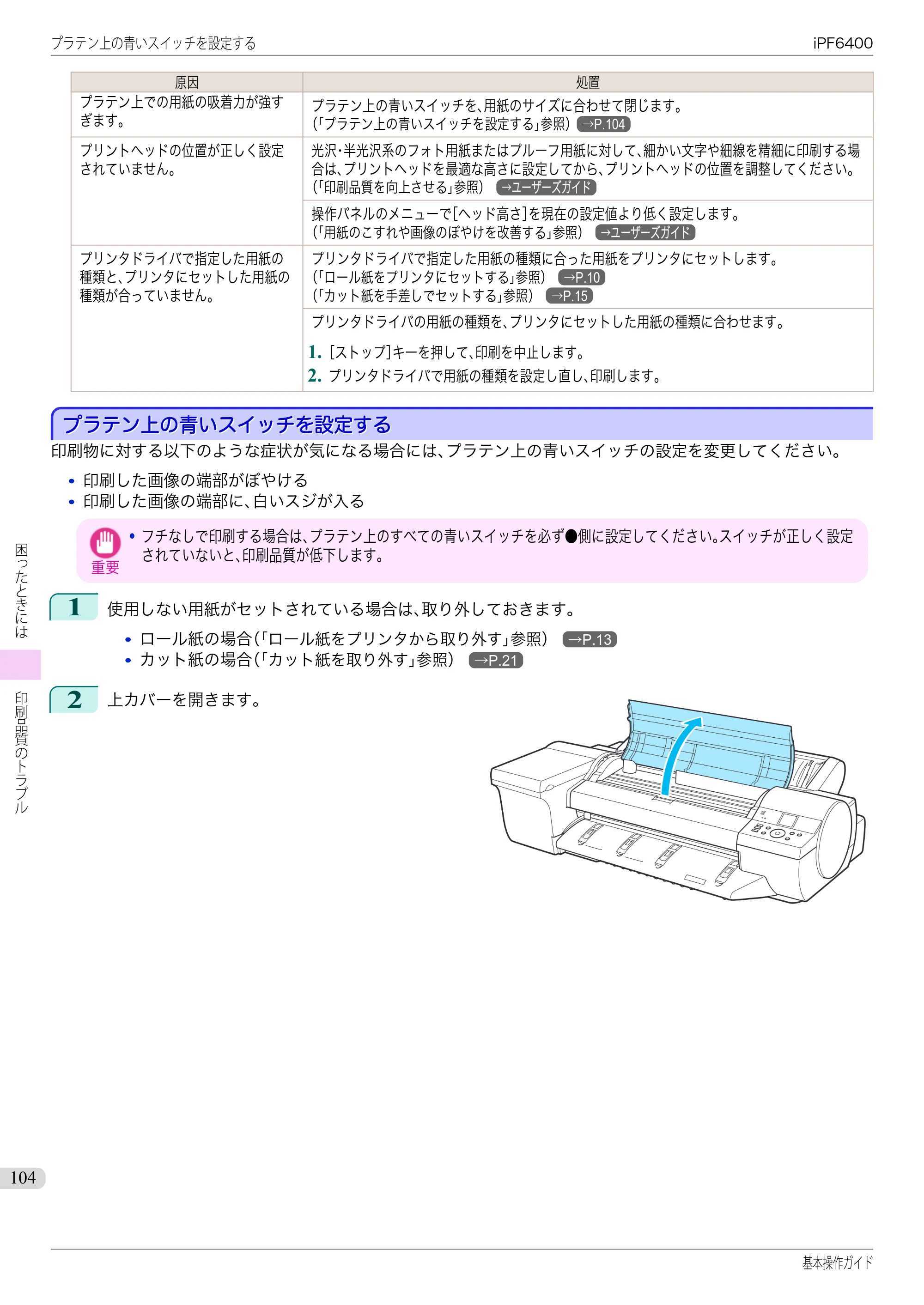 キヤノン iPF6400/6450 基本操作ガイド（iPF6400用）（PDF：14.7MB） — プラテン上の青いスイッチを設定する — 原本ページ — 104ページ