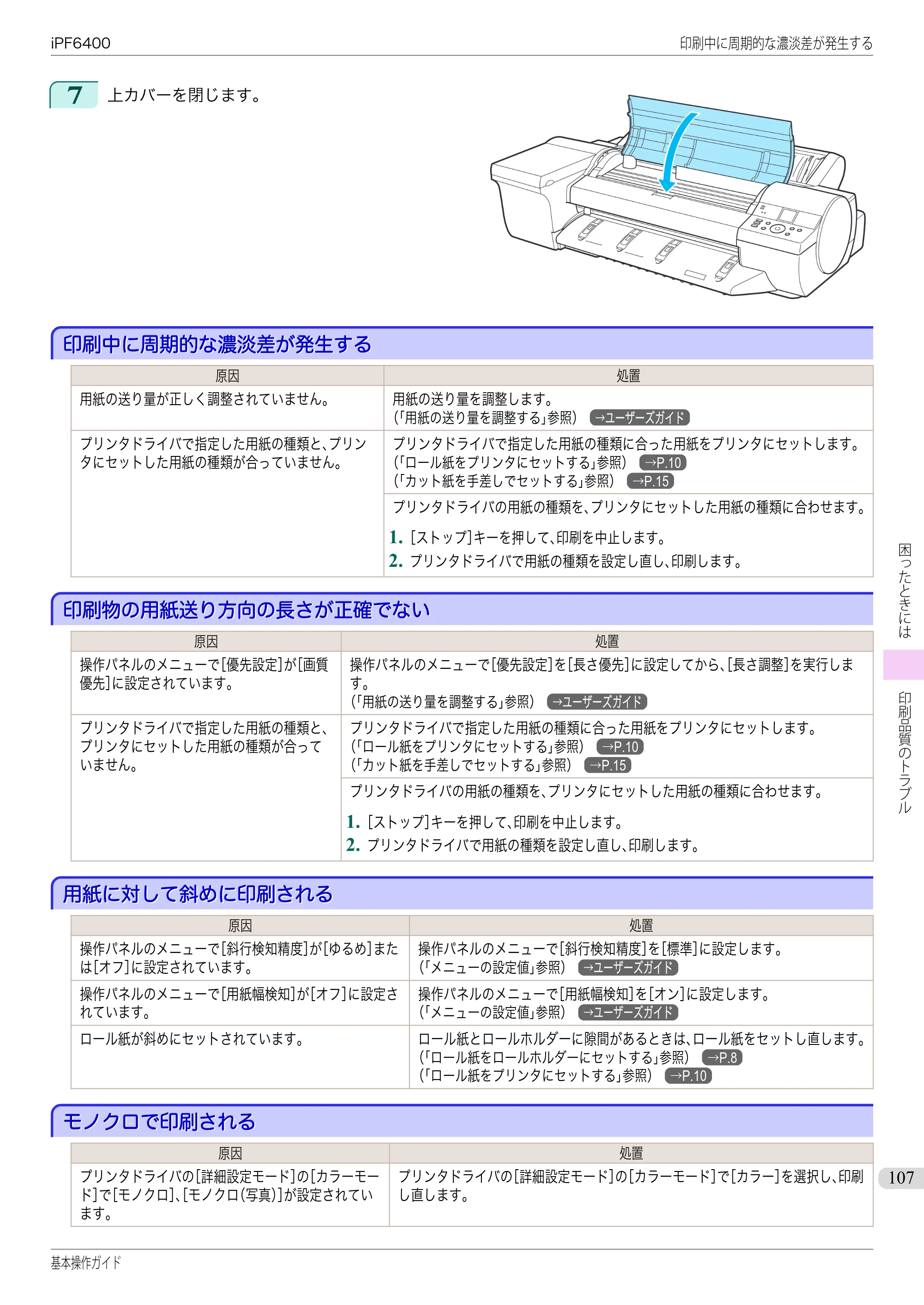キヤノン iPF6400/6450 基本操作ガイド（iPF6400用）（PDF：14.7MB） — 印刷中に周期的な濃淡差が発生する — 原本ページ — 107ページ