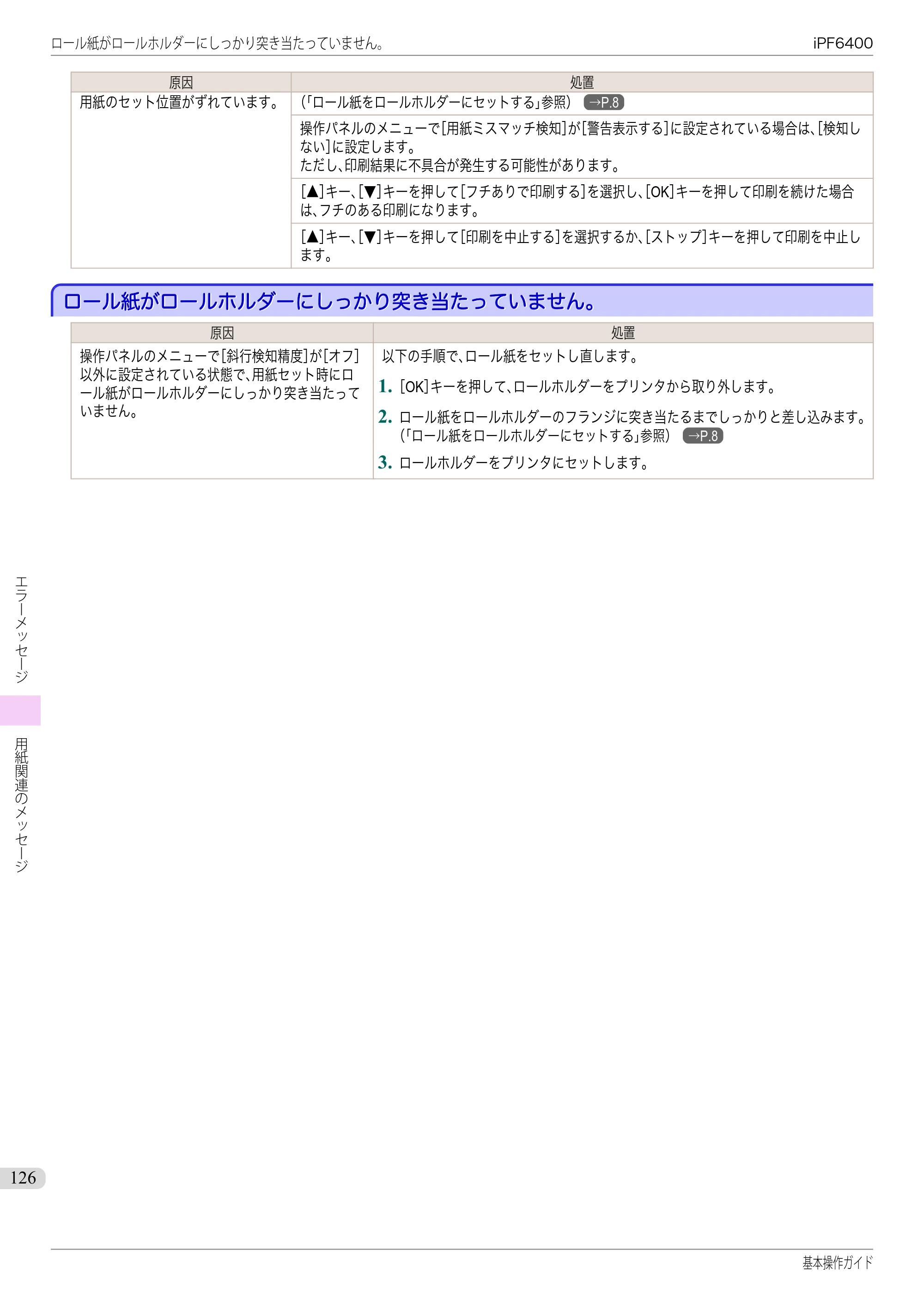 キヤノン iPF6400/6450 基本操作ガイド（iPF6400用）（PDF：14.7MB） — ロール紙がロールホルダーにしっかり突き当たっていません。 — 原本ページ — 126ページ