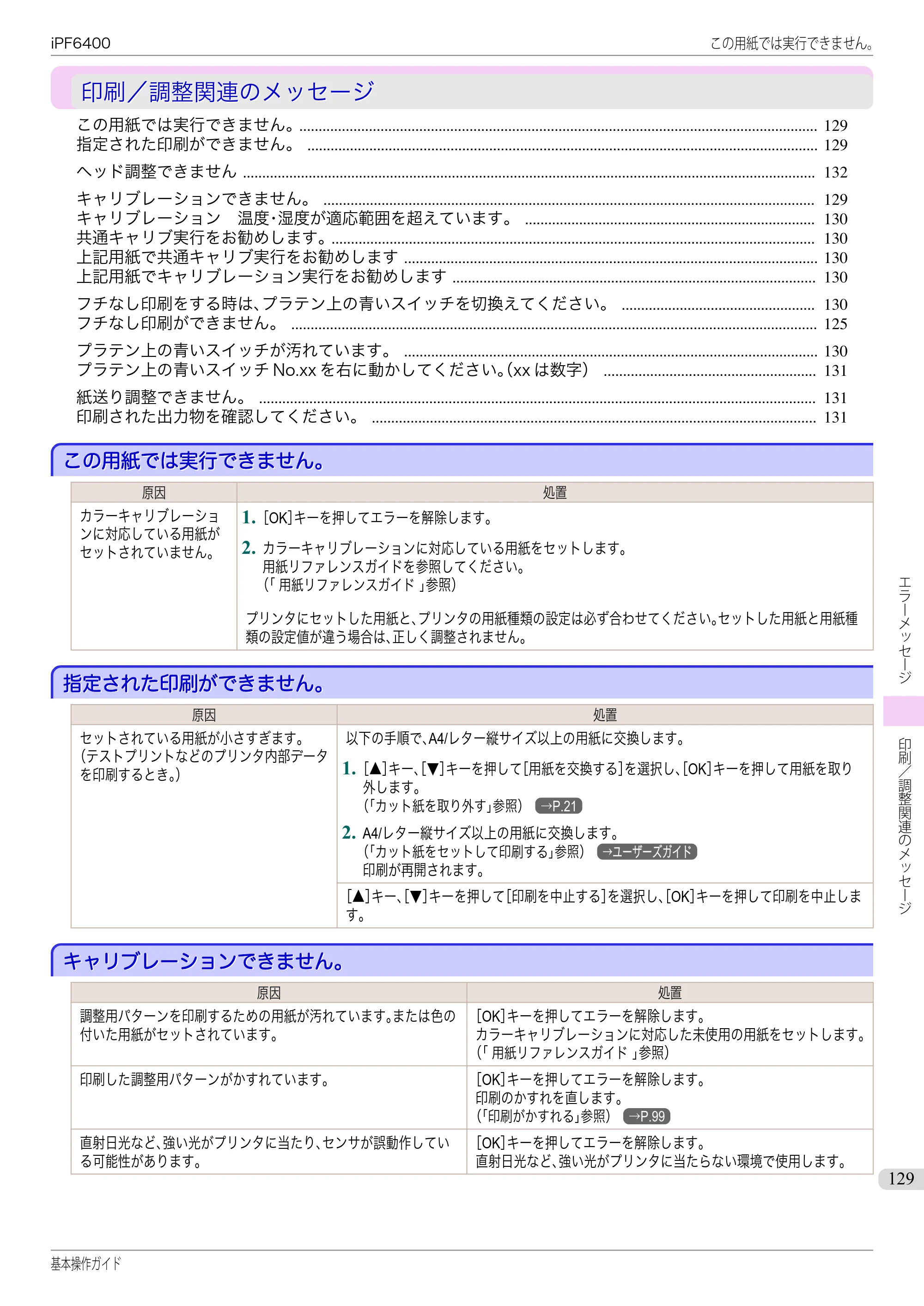 キヤノン iPF6400/6450 基本操作ガイド（iPF6400用）（PDF：14.7MB） — 印刷／調整関連のメッセージ — 原本ページ — 129ページ