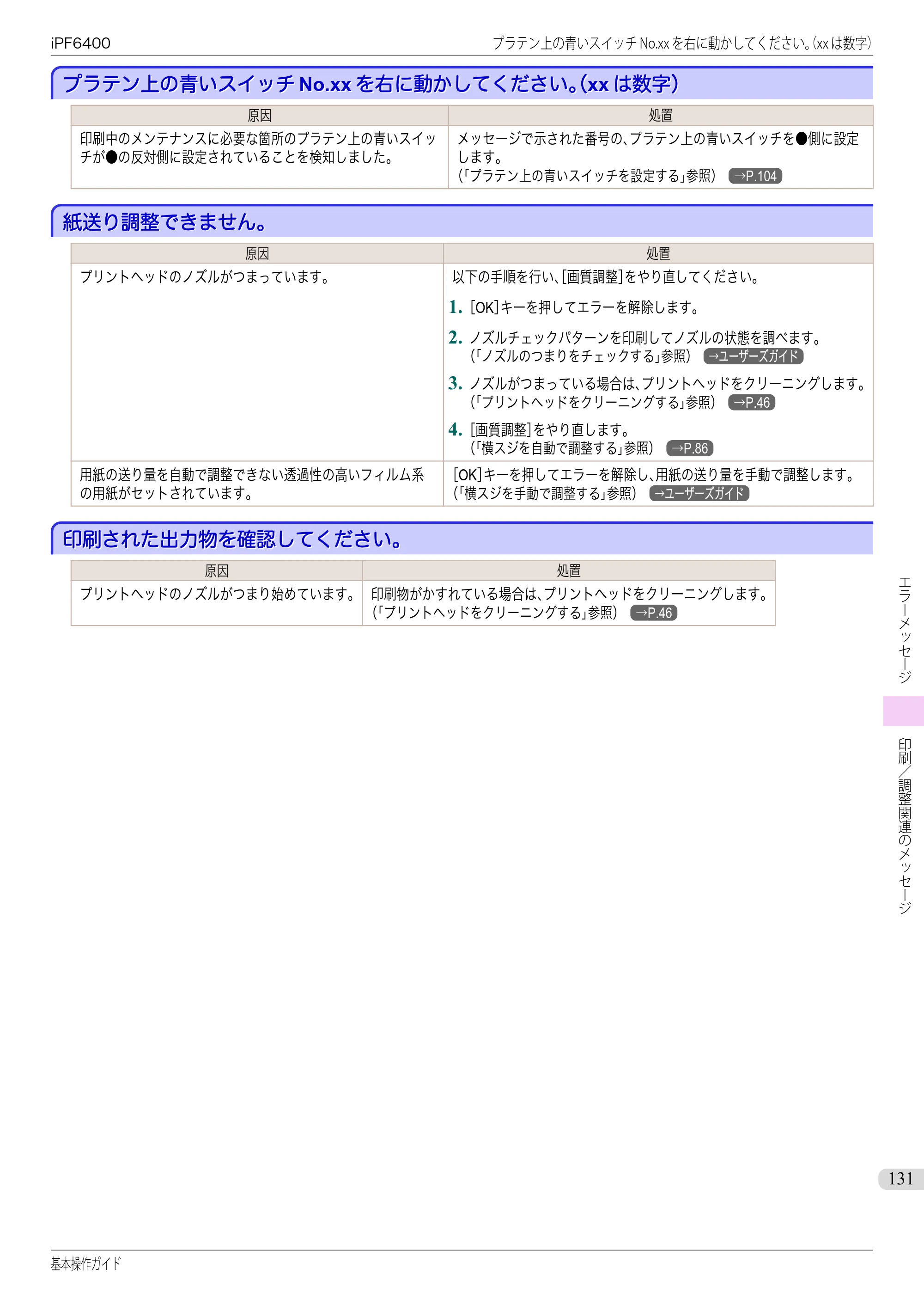 キヤノン iPF6400/6450 基本操作ガイド（iPF6400用）（PDF：14.7MB） — プラテン上の青いスイッチNo.xxを右に動かしてください｡（xxは数字） — 原本ページ — 131ページ
