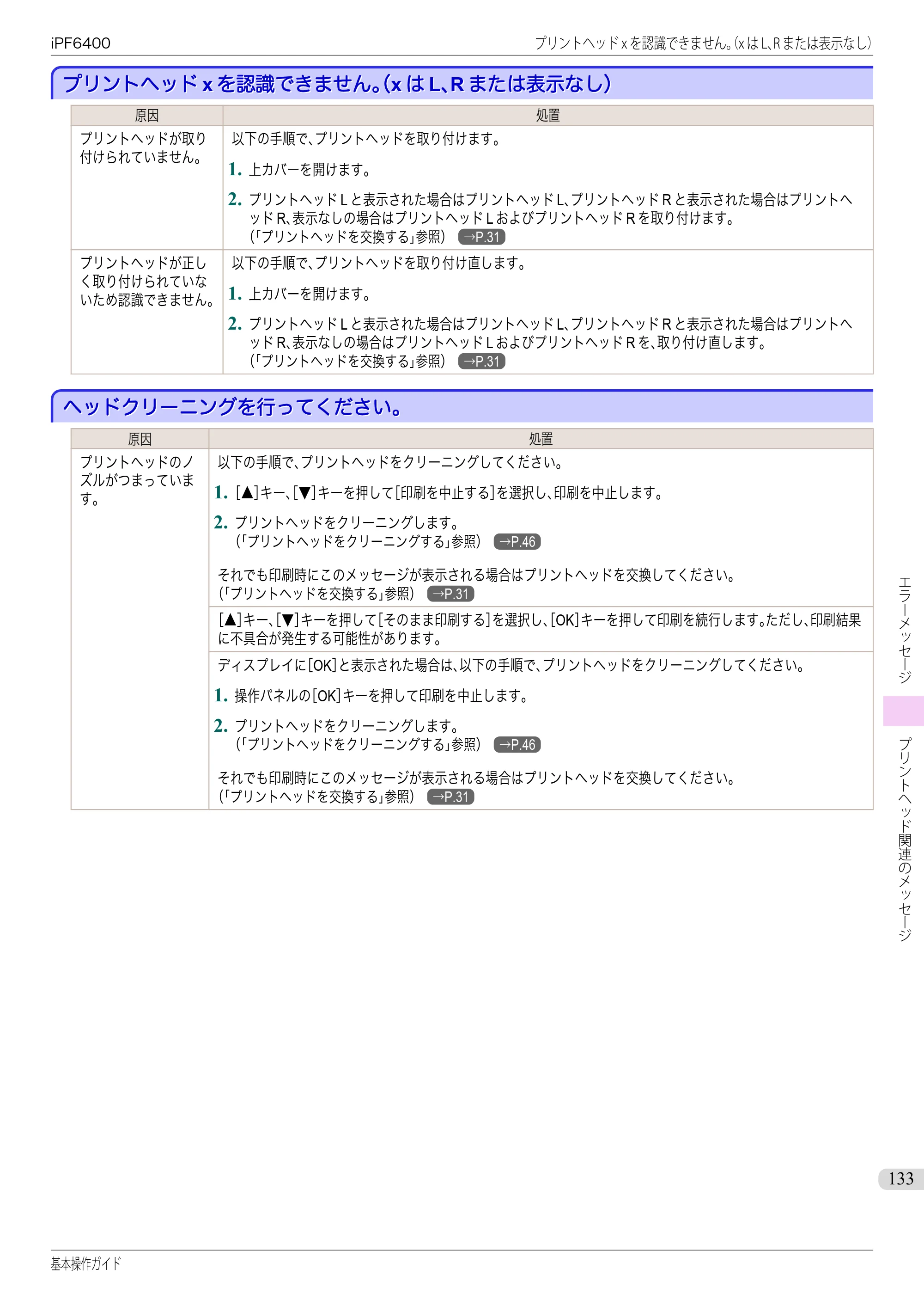 キヤノン iPF6400/6450 基本操作ガイド（iPF6400用）（PDF：14.7MB） — プリントヘッドxを認識できません。（xはL、Rまたは表示なし） — 原本ページ — 133ページ