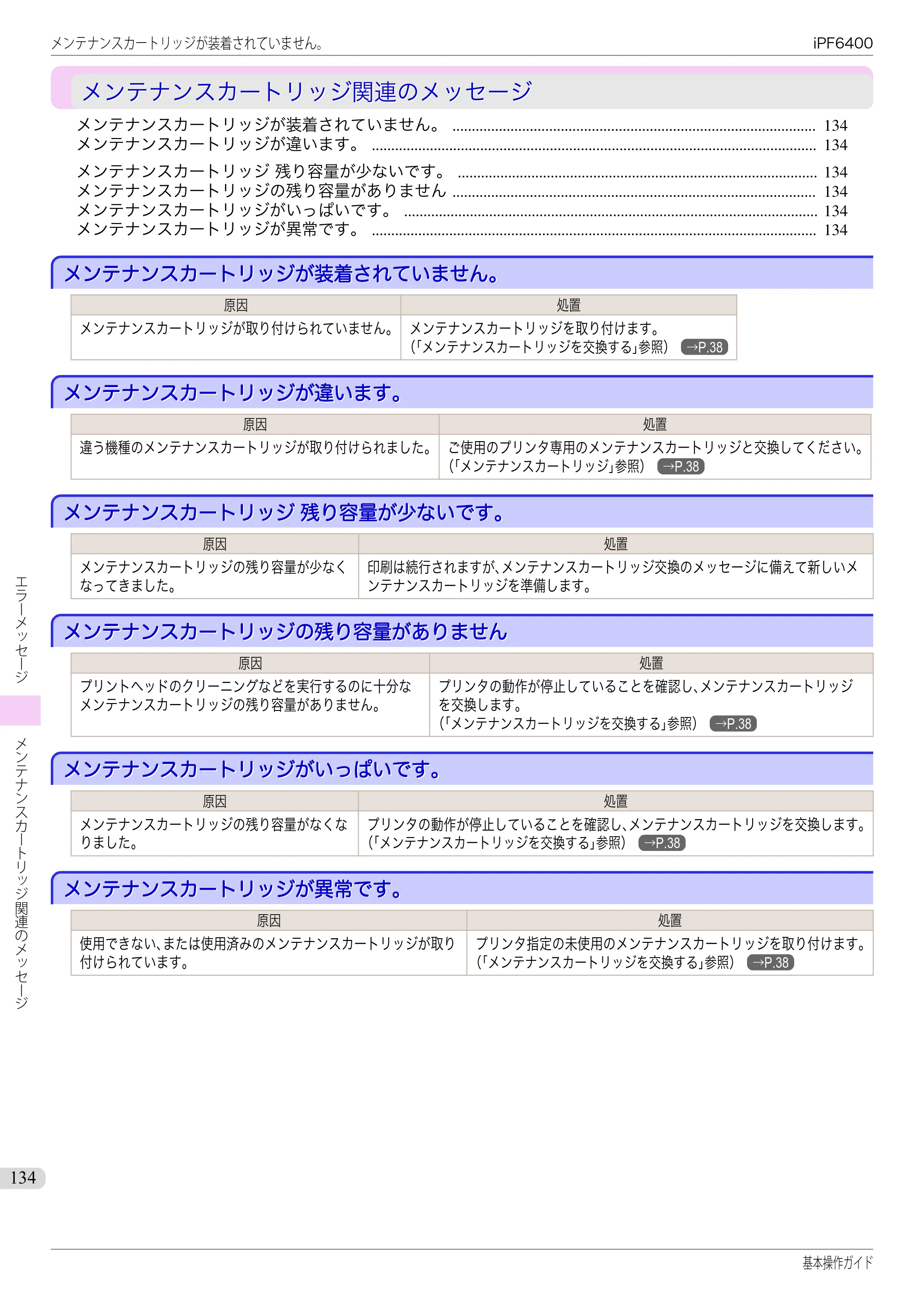 キヤノン iPF6400/6450 基本操作ガイド（iPF6400用）（PDF：14.7MB） — メンテナンスカートリッジ関連のメッセージ — 原本ページ — 134ページ