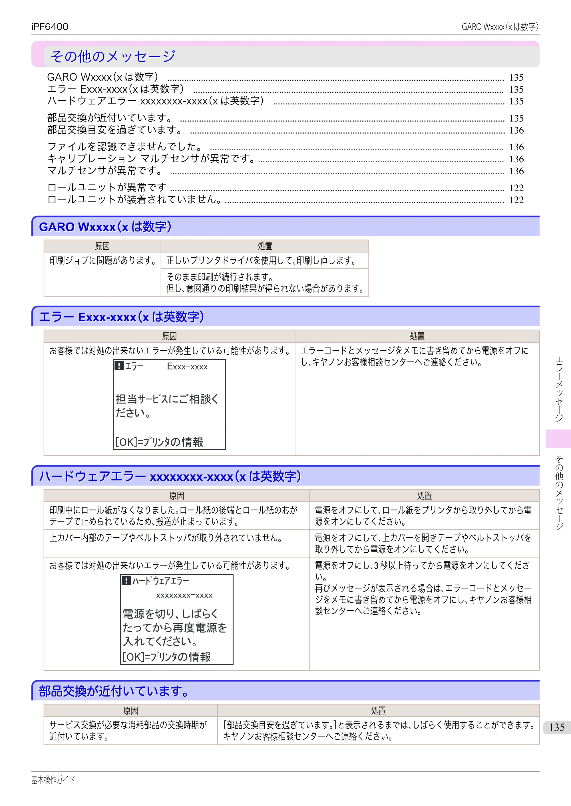 キヤノン iPF6400/6450 基本操作ガイド（iPF6400用）（PDF：14.7MB） — その他のメッセージ — 原本ページ — 135ページ