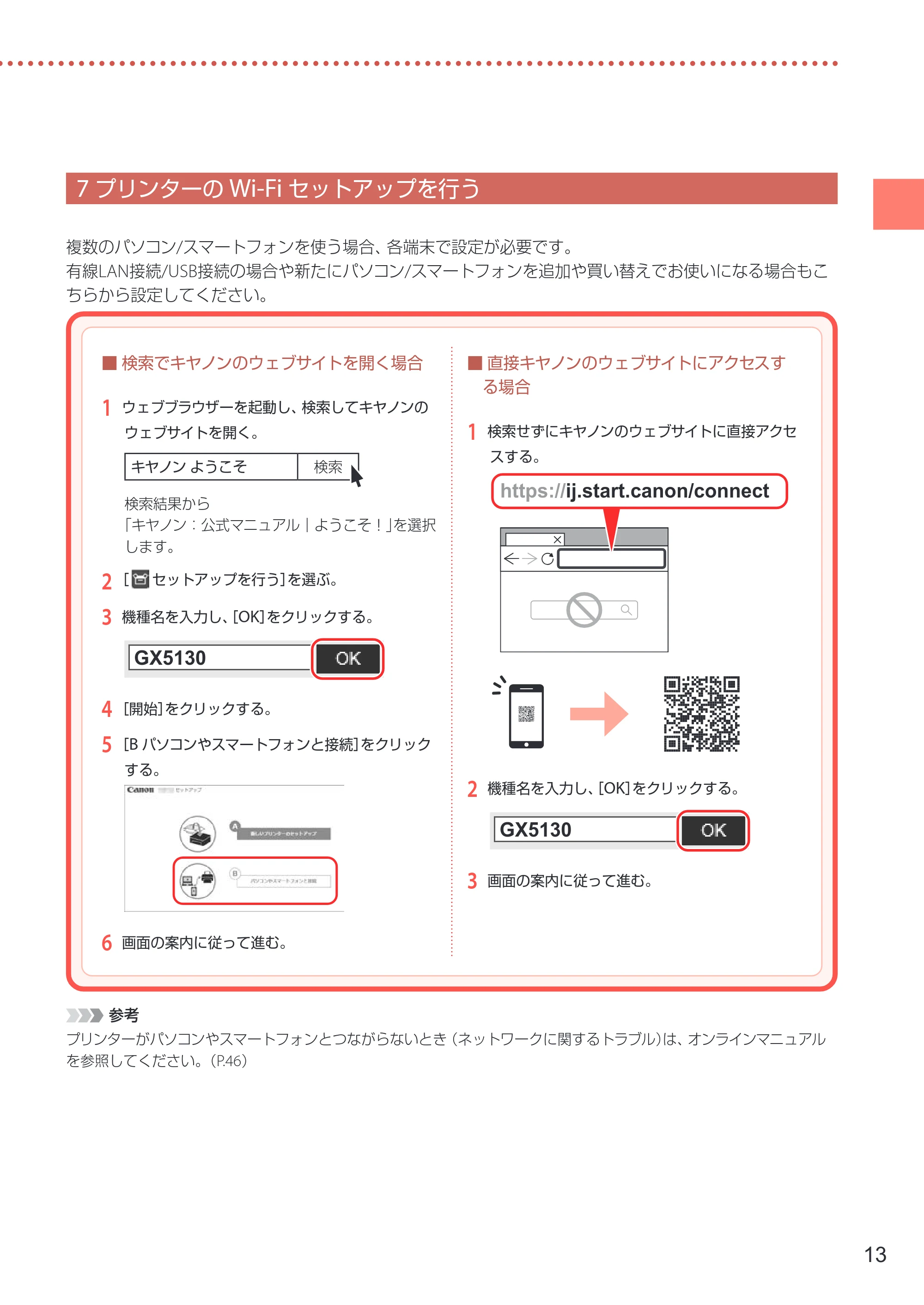 キヤノン GX5130 設置・基本操作マニュアル 2025年3月11日掲載（PDF：6.0MB） — 7 プリンターのWi-Fiセットアップを行う — 原本ページ — 15ページ